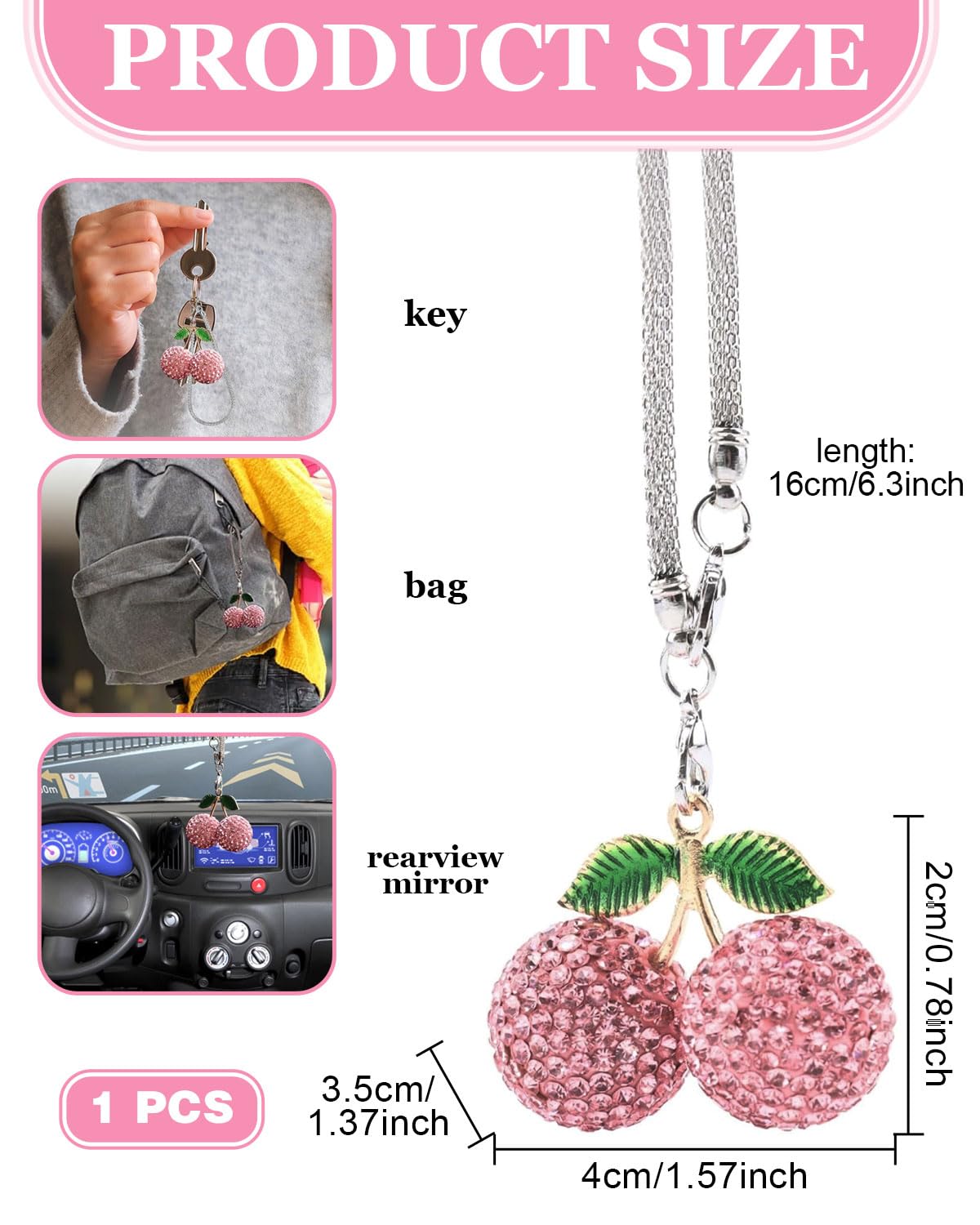 Ornamento da Appendere per Auto, decorazioni macchina，Strass Eleganti Appendere per Auto ciliegia Accessori per Auto Estetica Interna Accessori per Specchietto Retrovisore per Donne