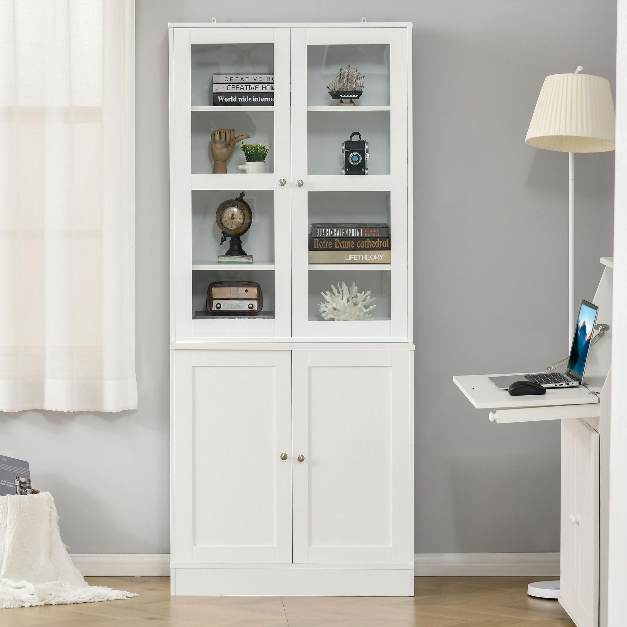 HOMCOM Mobile Libreria con Ante in Vetro Temperato 76x40x178.5 cm Bianco