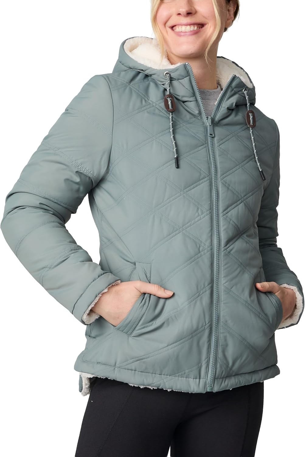 Free Country Women’s Reversible Winter Coat Puffer Jacket with Sherpa Lining Water & Wind Resistant Insulated-Acadia Cloud