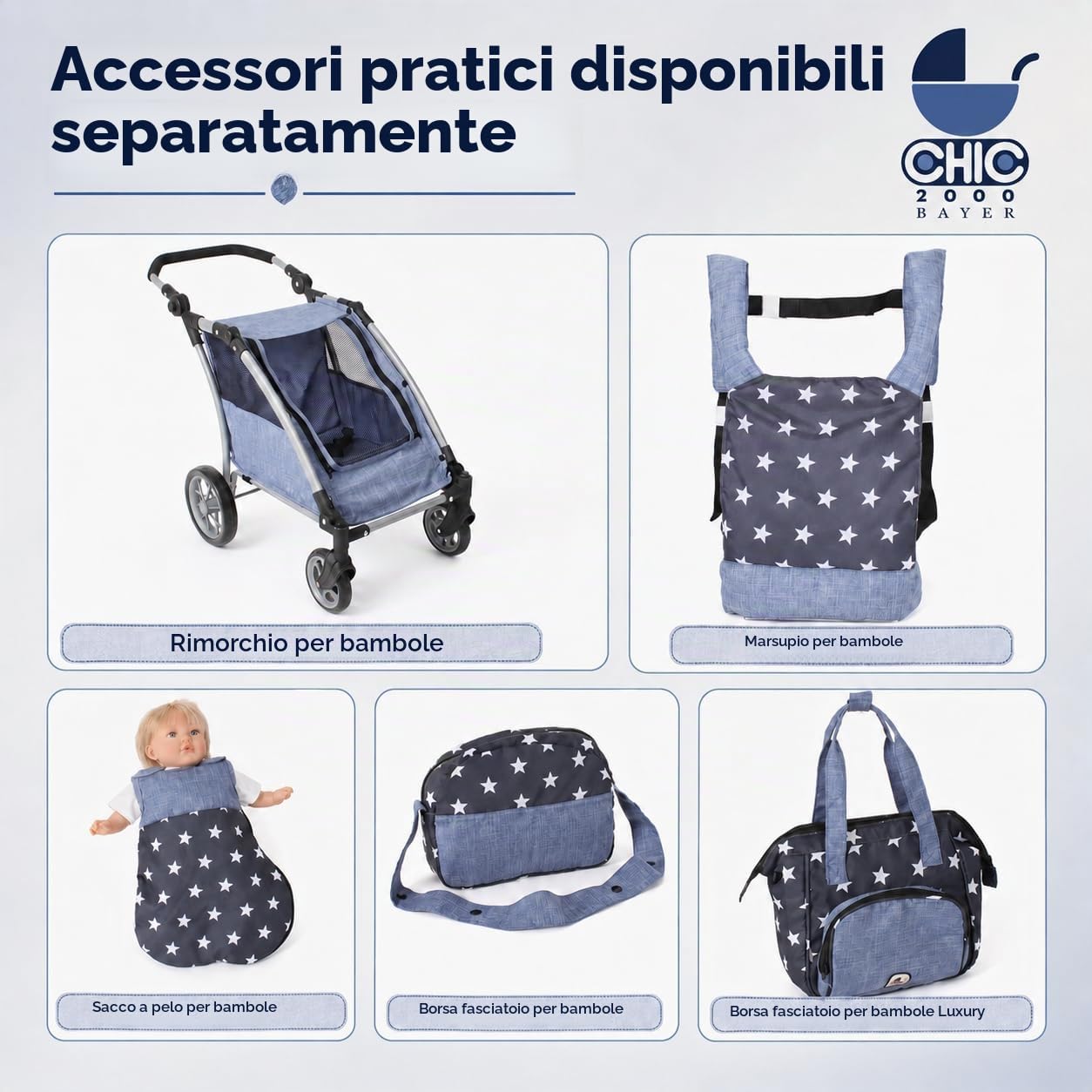 Bayer Chic 2000 - Passeggino per bambole Mika, passeggino combinato 2 in 1 per bambini dai 4 agli 8 anni, jeans blu, ragazzi