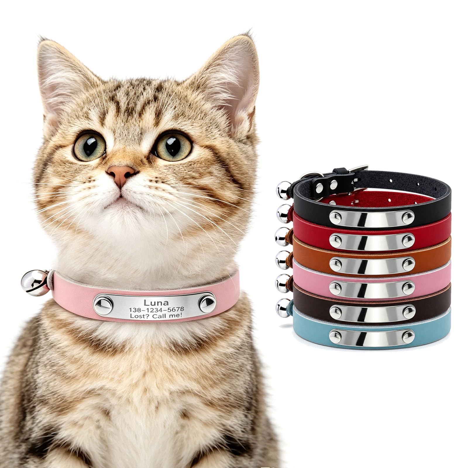 ROSEEKA Custom Engraved Cat Collar, Personalized Pet ID Tag Engraved with Cat Name & Phone Number, Breakaway Safety Buckle Design, Detachable Bell Kitten Collar