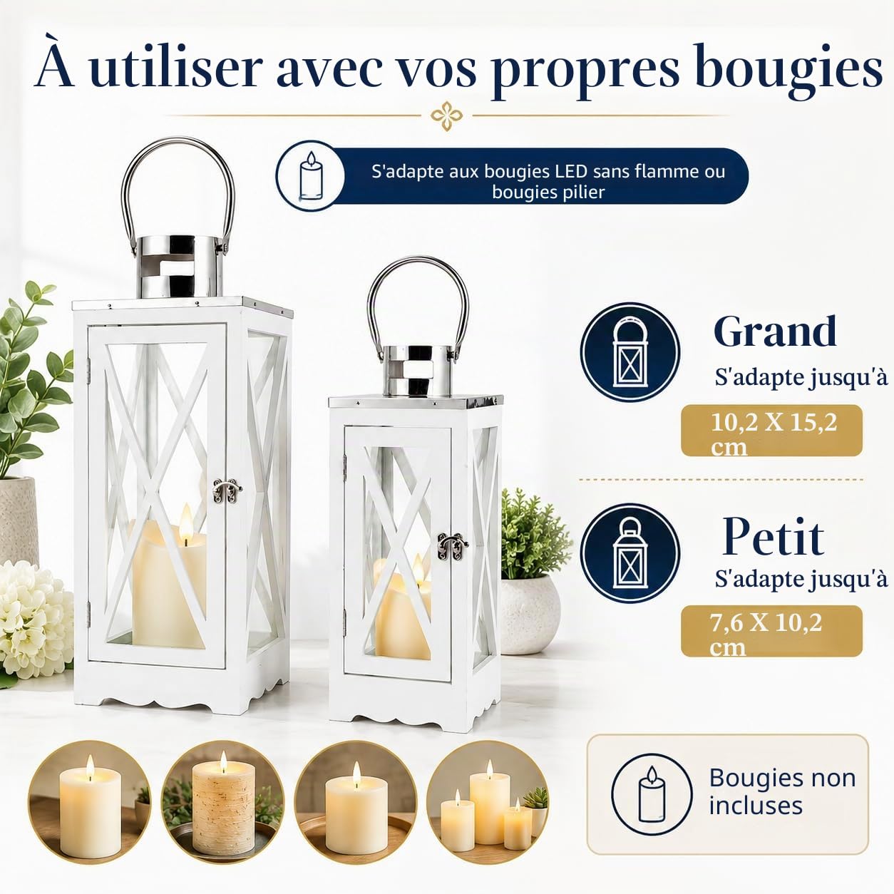TRIROCKS Set de 2 Lanternes en Bois de Style Ferme 63 cm & 46 cm Haut, Porte-Bougie Métallique Décoratif avec Verre Clair Trempé pour Patio, Jardin, Mariage, Soirées (Blanc Rectangulaire)