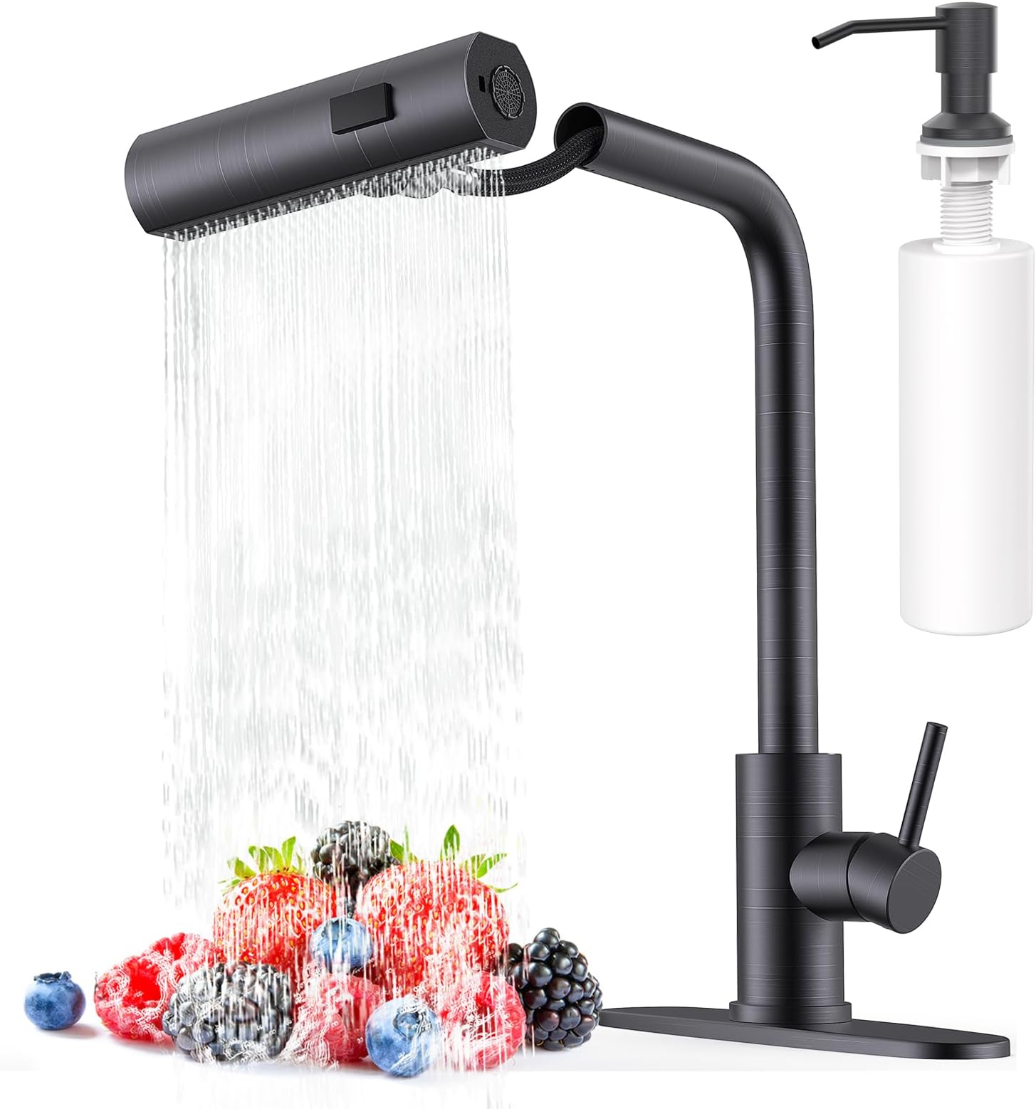 Kitchen Faucets with Pull Down Sprayer & Soap Dispenser, Single Hole & Handle, Oil Rubbed Bronze, Pull Out Tap, Stainless Steel Waterfall Sink Faucet Suitable for Farmhouse Camper Laundry Rv