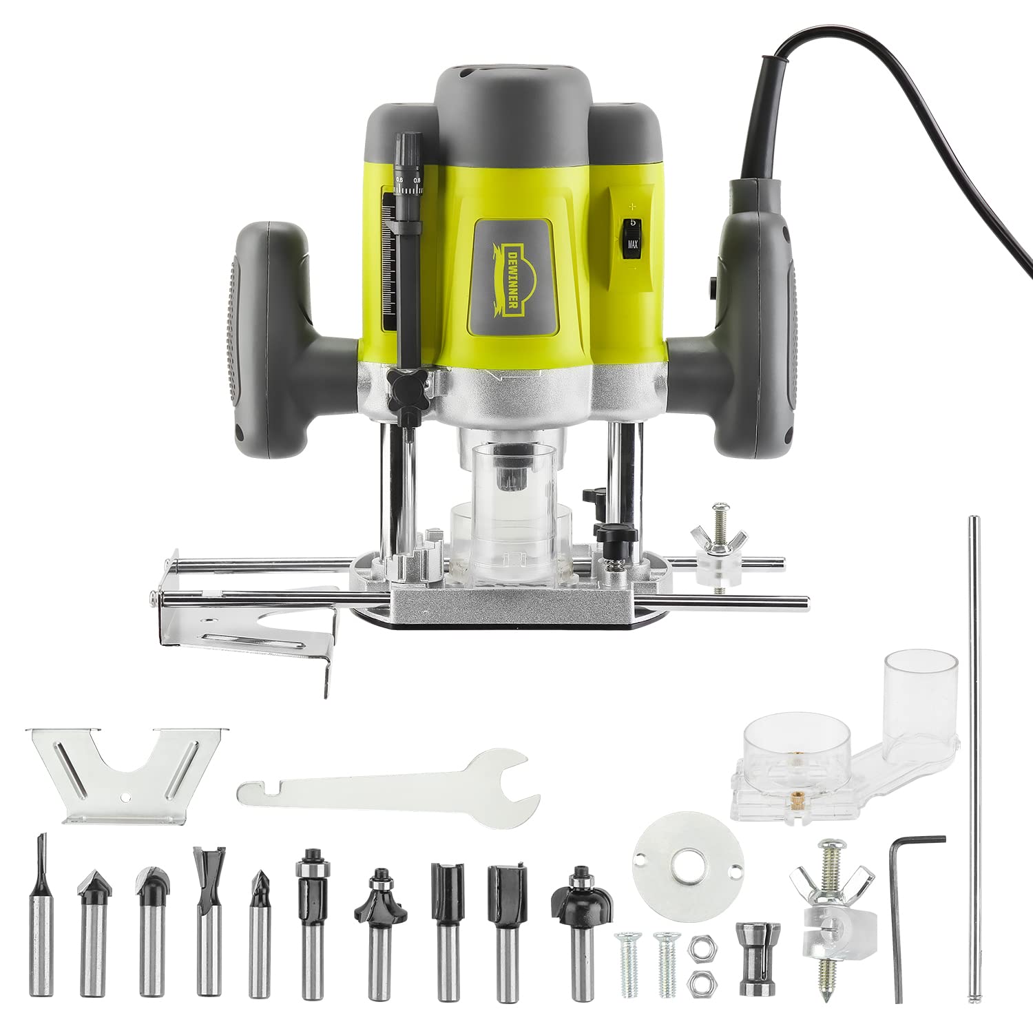 DEWINNER Elektronik Oberfräse Fräser 1200W,Ø 6 und 8 mm,Drehzahlregelung, Parallelanschlag, Absaugadapter, Set 12-teilig