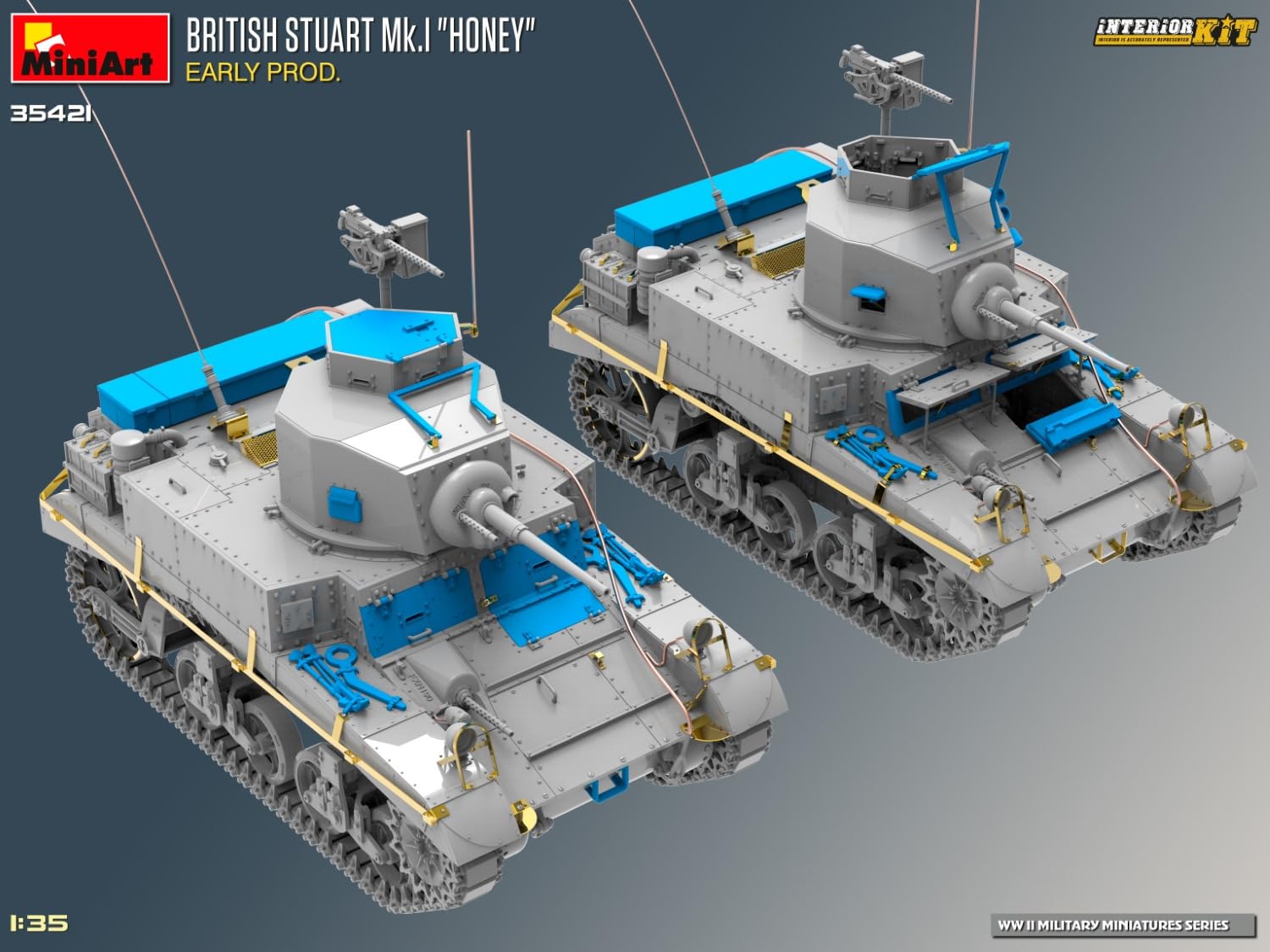 MiniArt 35421 1:35 Brit. Stuart Mk.I con interno – riproduzione fedele all'originale, modellismo, kit di costruzione in plastica, artigianato, hobby, incollaggio, modellismo, assemblaggio, non