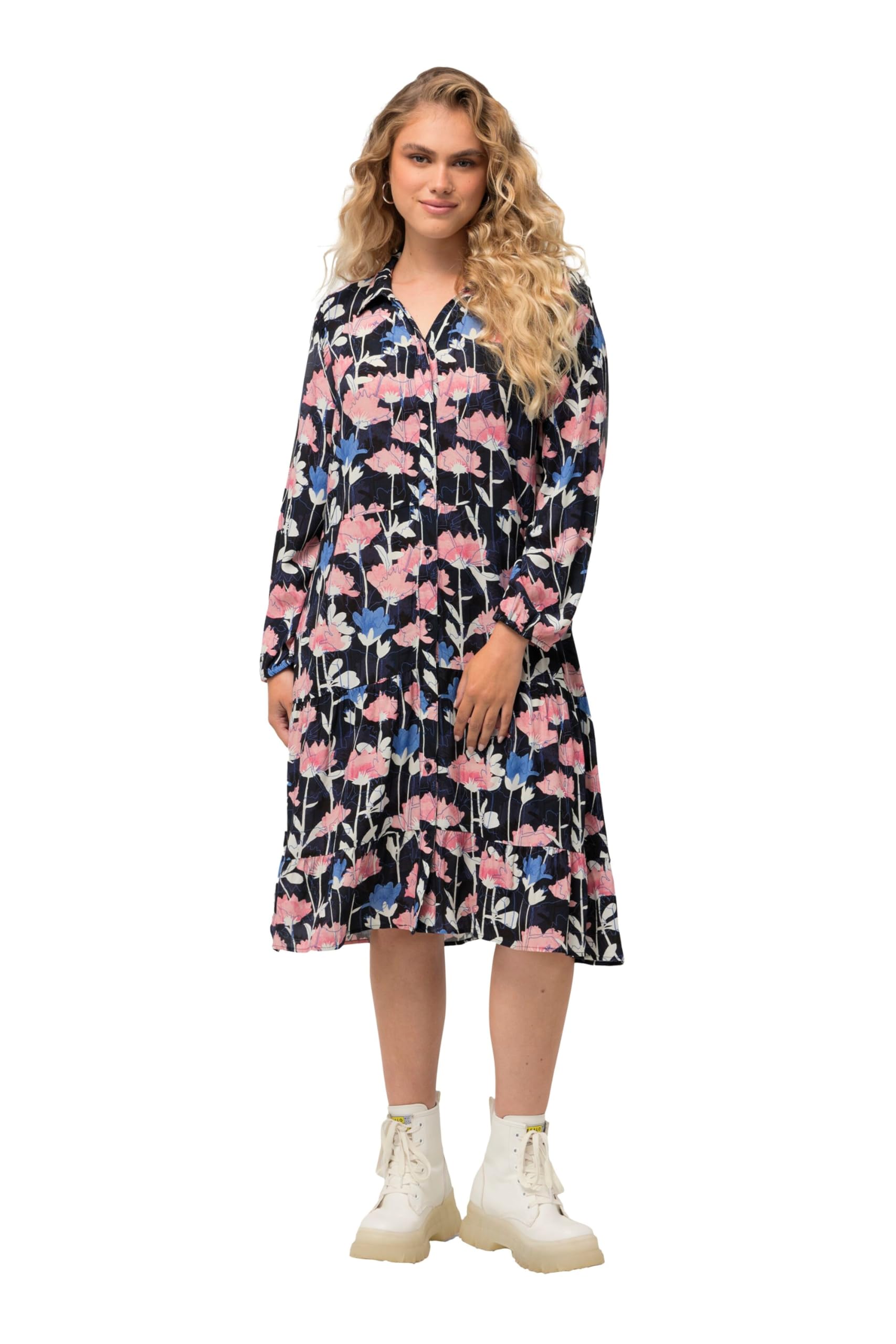 Ulla Popken Damen große Größen Übergrößen Plus Size Midikleid, Aquarellblumen, Hemdkragen, Langarm 823742