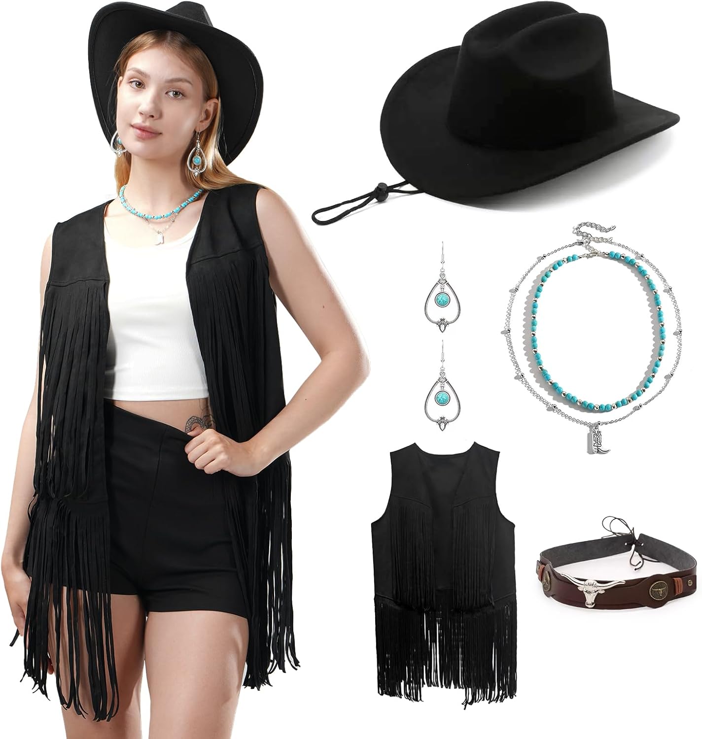 WELLATENT Western Outfits for Women，7pcs Fringe Vest Cowboy Hat Cowgirl Costume Tassels Halloween 70s Costume Set.