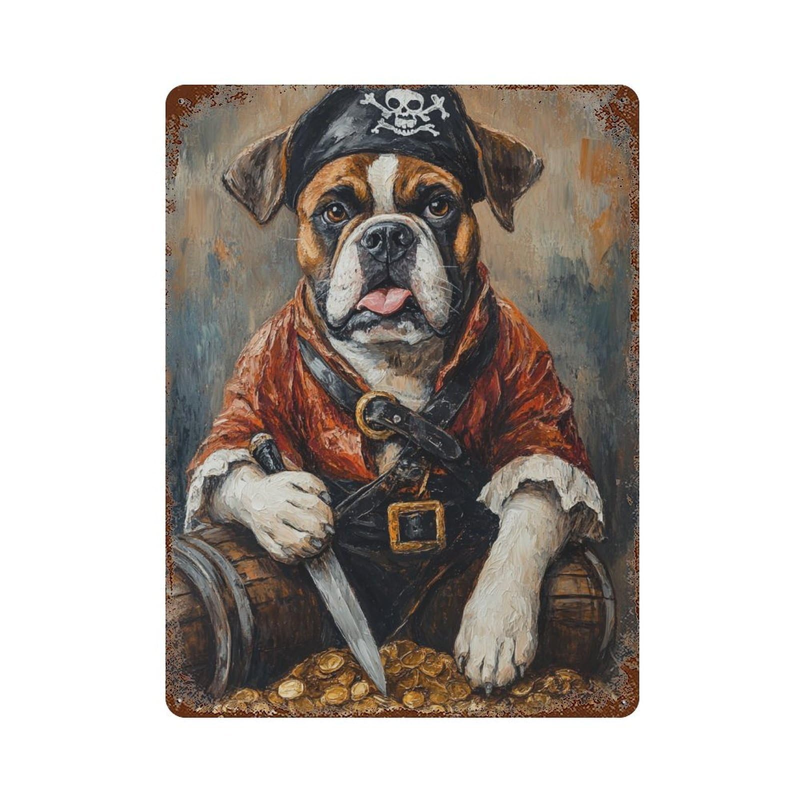 Pirate Bulldog Treasure Chest-4 15.7"x11.8" Decorative Tin Sign, Retro Wall Decor for Garage, Bar And Workshop Decor