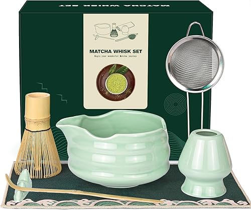 Juego de batidor de matcha Juego de 7 piezas de cerámica Matcha con cuenco, batidor, soporte, cuchara, tamiz, descanso y toalla - Kit de Matcha