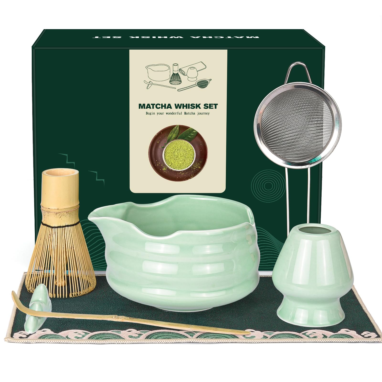 Matcha Besen Set Matcha Kit: 7 Stück Matcha Set mit Matcha Schale, Matcha Besen, Matcha Besenhalter, Schaufel, Sieb, Japanische Teezeremonie, Matcha Tea Set, Geschenk für Matcha Teeliebhaber (Grün)