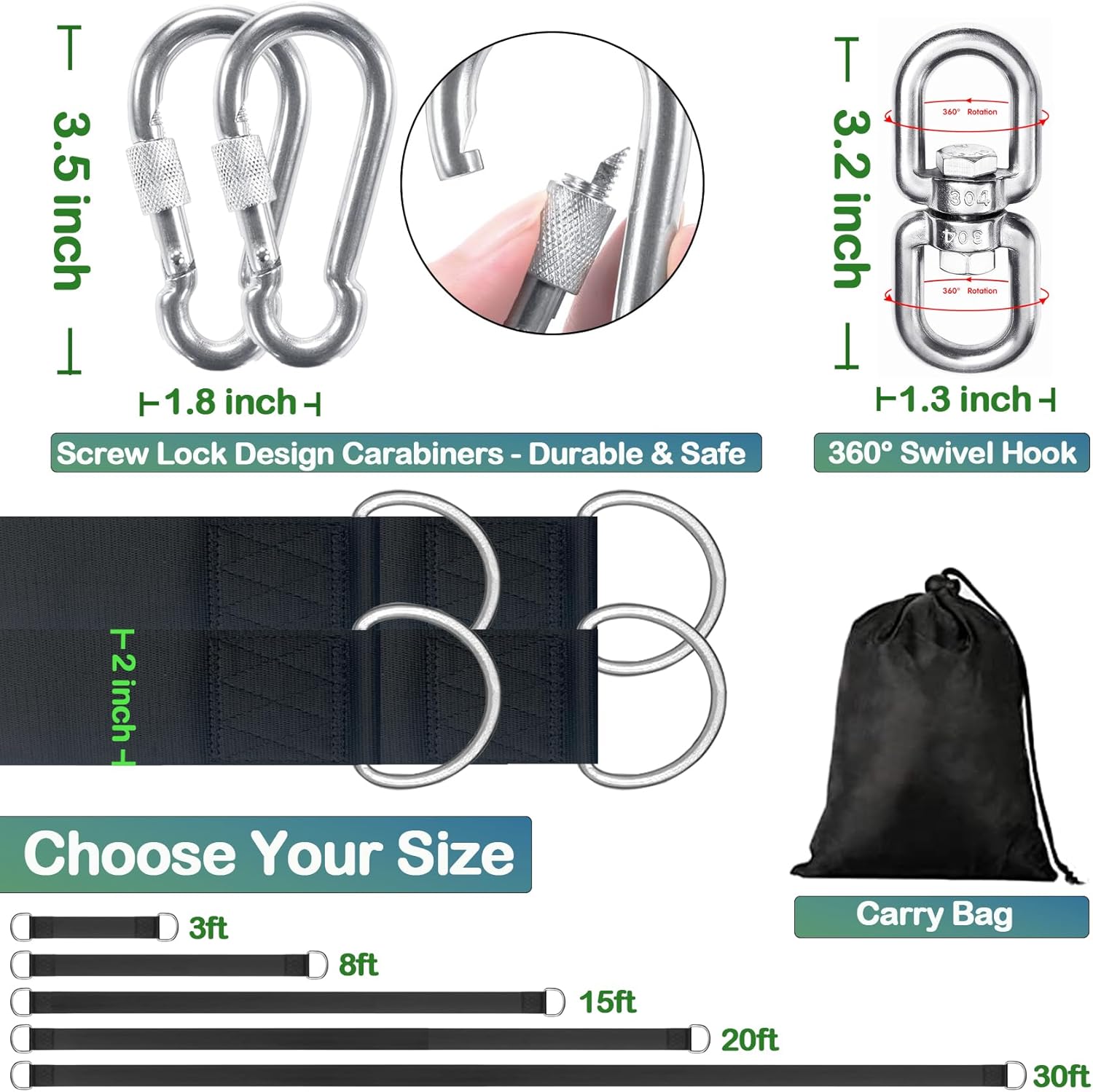 Tree Swing Straps Hanging Kit - 3FT/8FT/15FT/20FT/30FT, Strong & Durable - Holds Up to 5000lbs - Adjustable Tree Swing Straps Fit for All Swings, Hammocks, Safer & Easy Installation (15 FT)