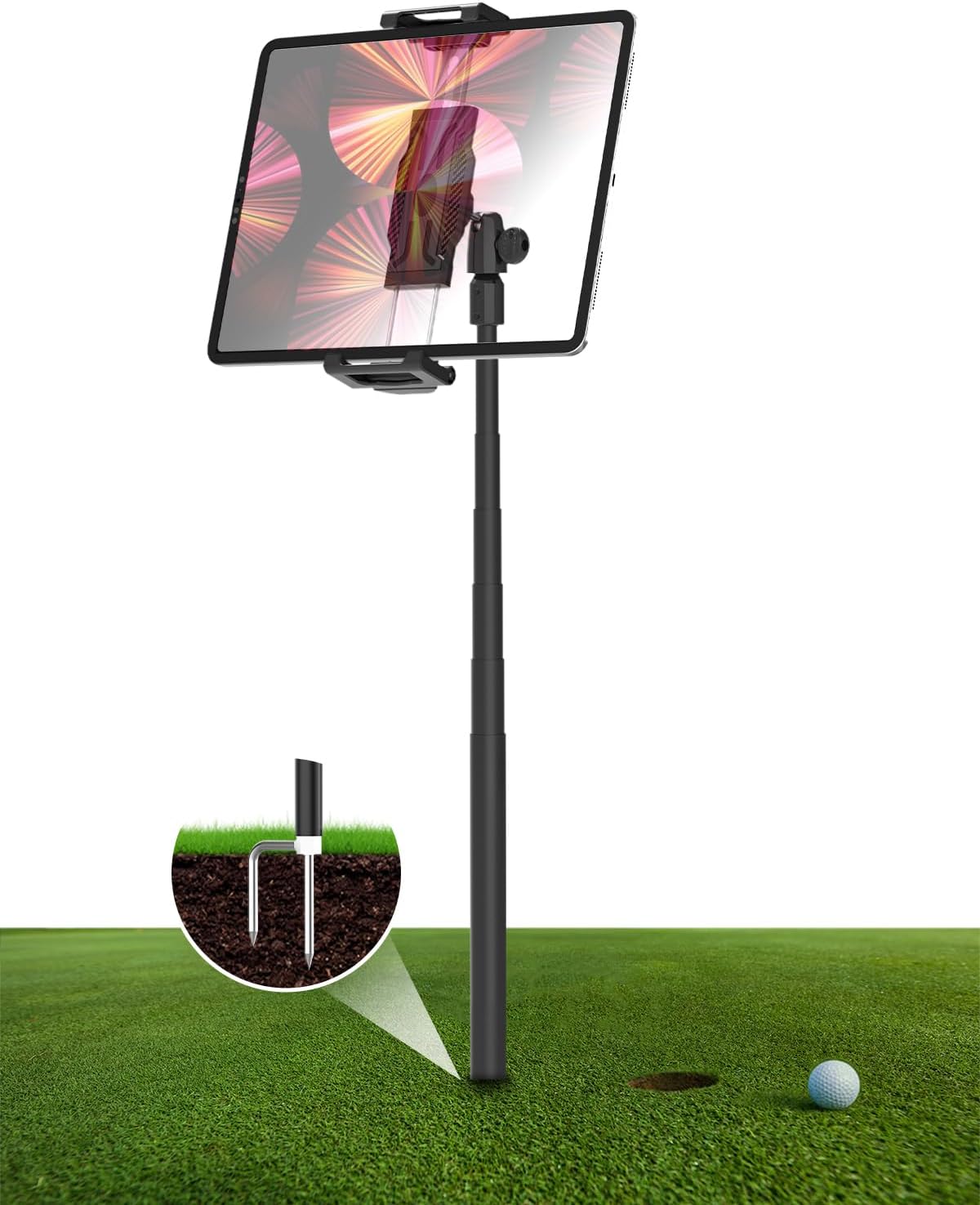 Golf Monopod Tablet Stand with Ground Spike Stakes, Quick-Set 360 Metal Foldable Tablet Mount for Outdoor Use, Fits iPad Pro/Air/Mini, Galaxy, 6.1-15.6" Devices and Thick Cases [Up to 1.18"]