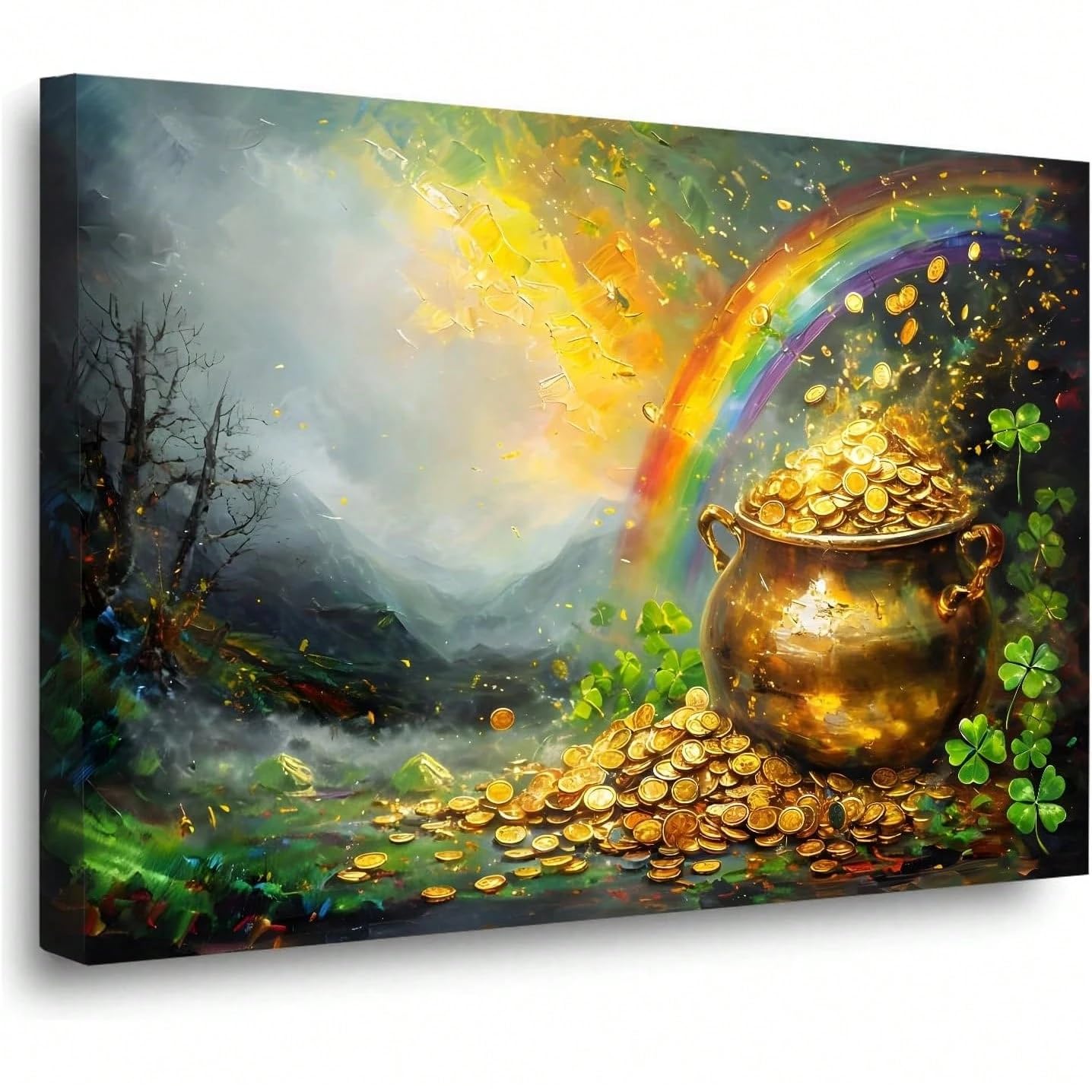 AIHNBF Topf voll Gold Regenbogen Leinwandbild - Glücksklee Schatz Landschafts-Druck für Wohnzimmer Deko, 30 x 45 cm