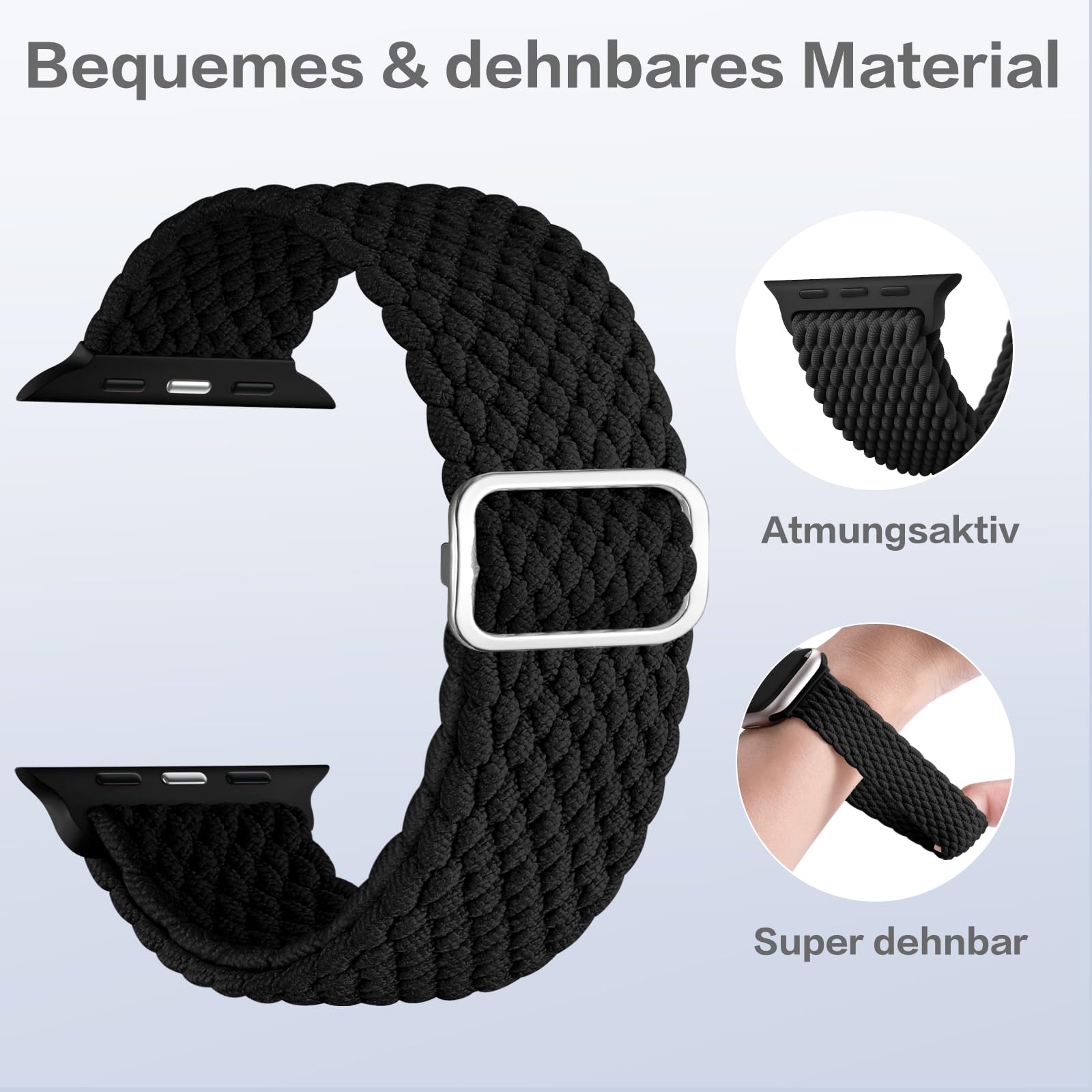 CeMiKa Geflochtenes Armband Kompatibel mit Apple Watch Armband 41mm 40mm 38mm 42mm für Damen Herren, Elastisches Solo Loop Nylon Band für iWatch Series 11 10 9 8 7 6 5 4 SE Ultra 3 2 1, Schwarz