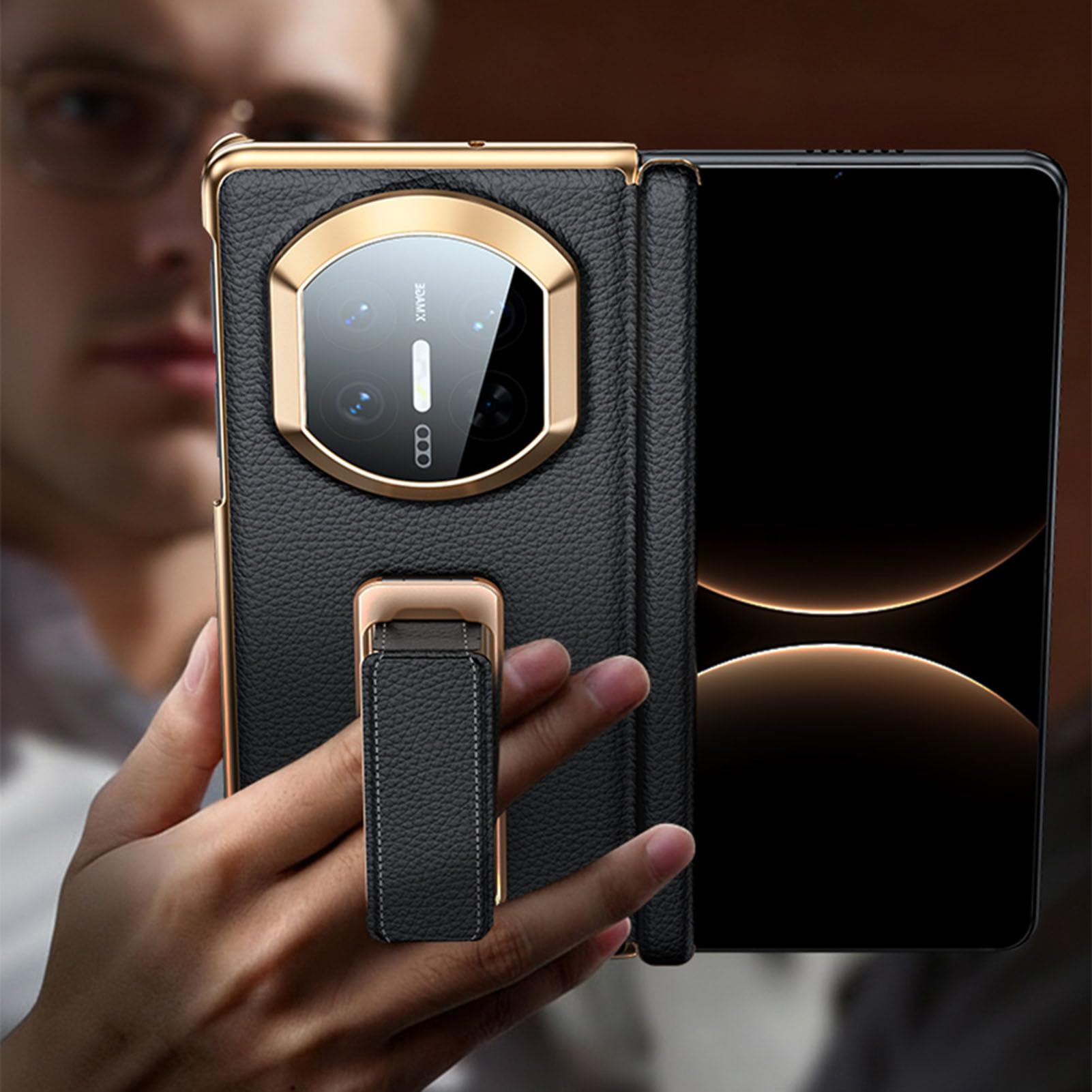Etui biznesowe do Huawei Mate X7, powłoka z prawdziwej skóry, mała podpórka, osłona obiektywu, zawias, osłona, zielona, Mate X7