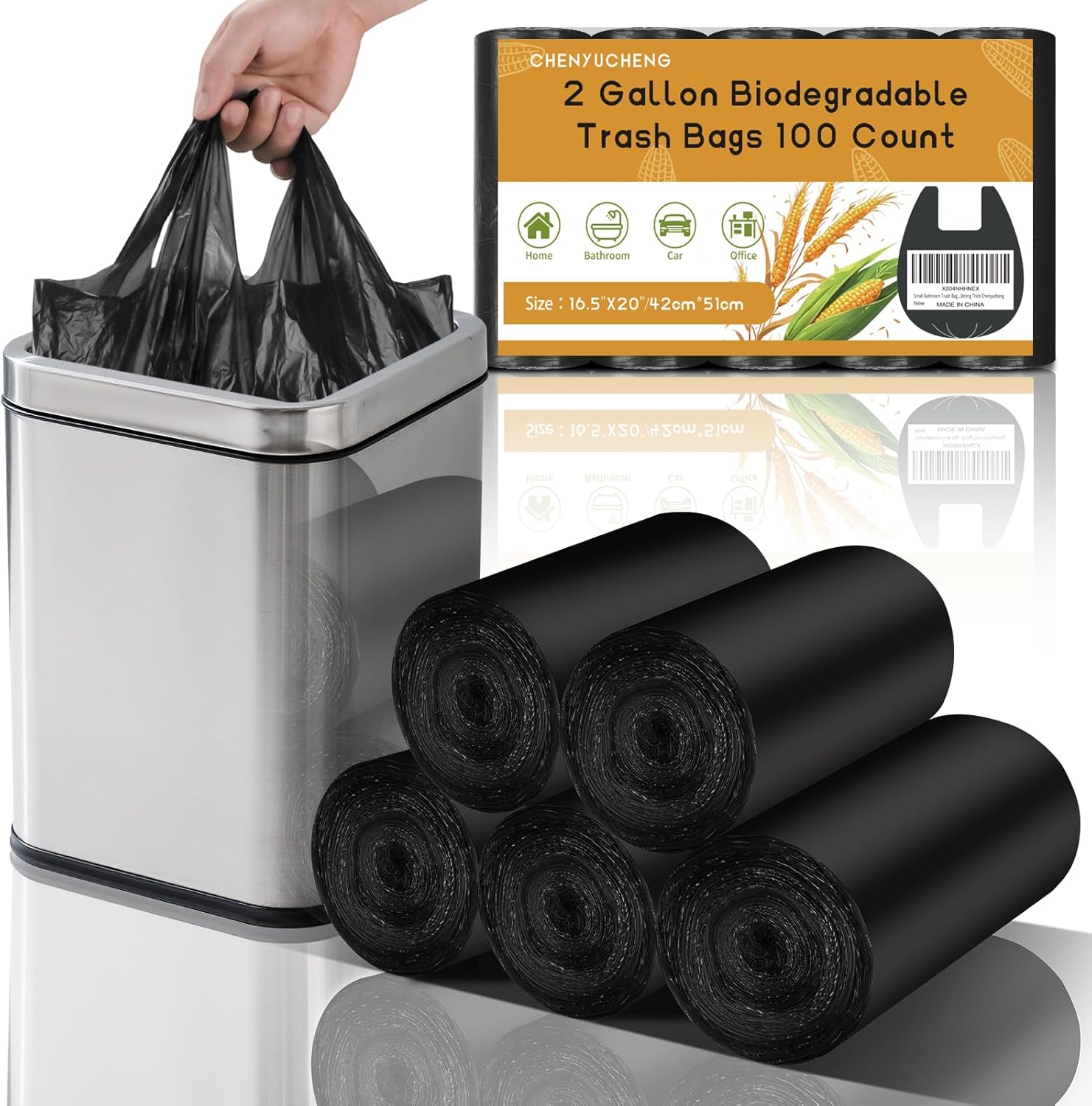 Small Bathroom Trash Bags 2 Gallon – Black Mini Garbage Bags With Handle Biodegradable Compostable 100 Count Kitchen Office Car Little Waste Basket Unscented Tiny Liners Strong Thick Chenyucheng