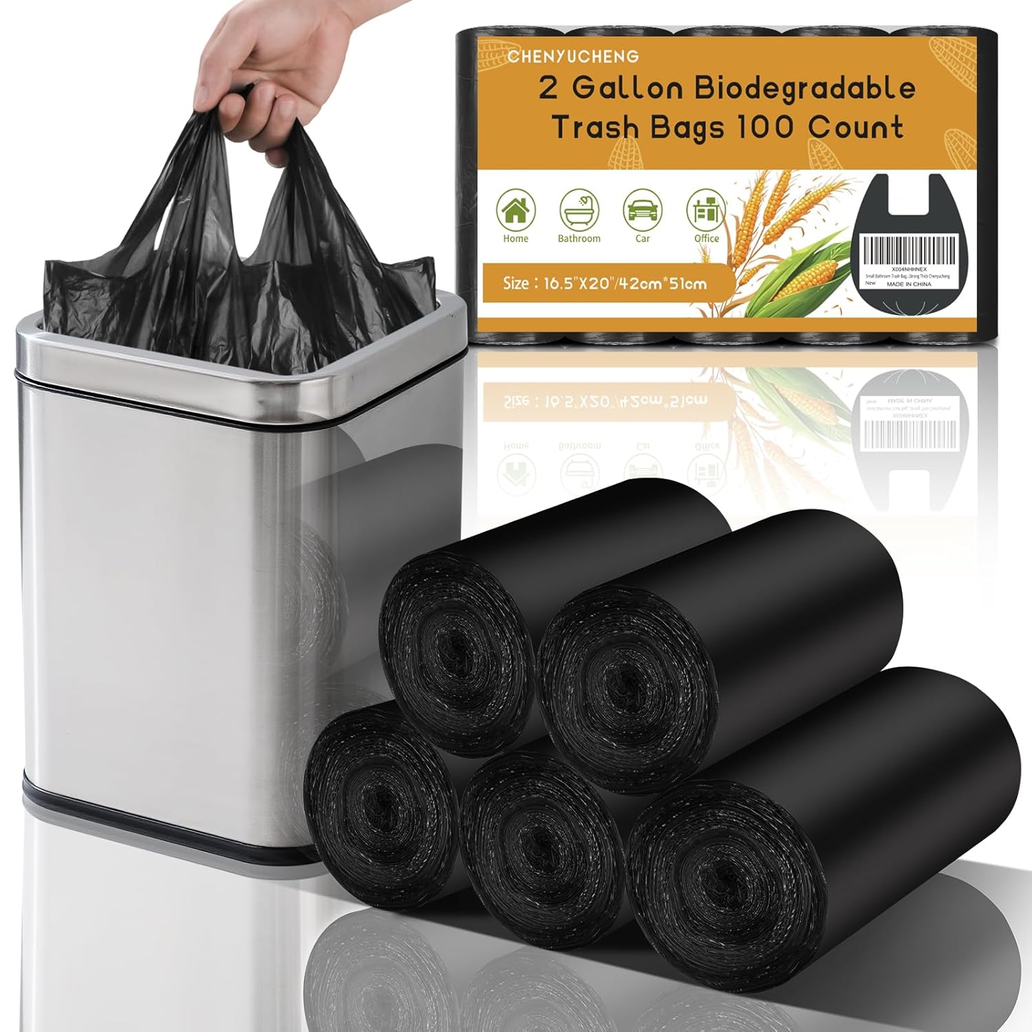 Small Bathroom Trash Bags 2 Gallon - Black Mini Garbage Bags With Handle Biodegradable Compostable 100 Count Kitchen