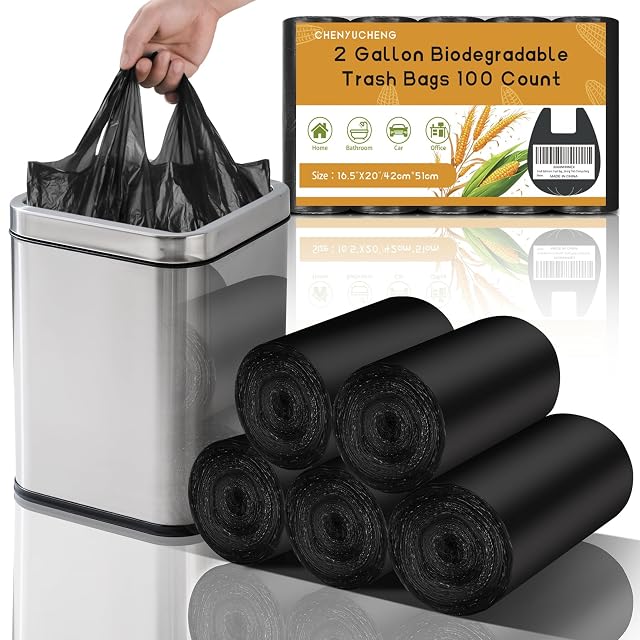 Small Bathroom Trash Bags 2 Gallon - Black Mini Garbage Bags With Handle Biodegradable Compostable 100 Count Kitchen