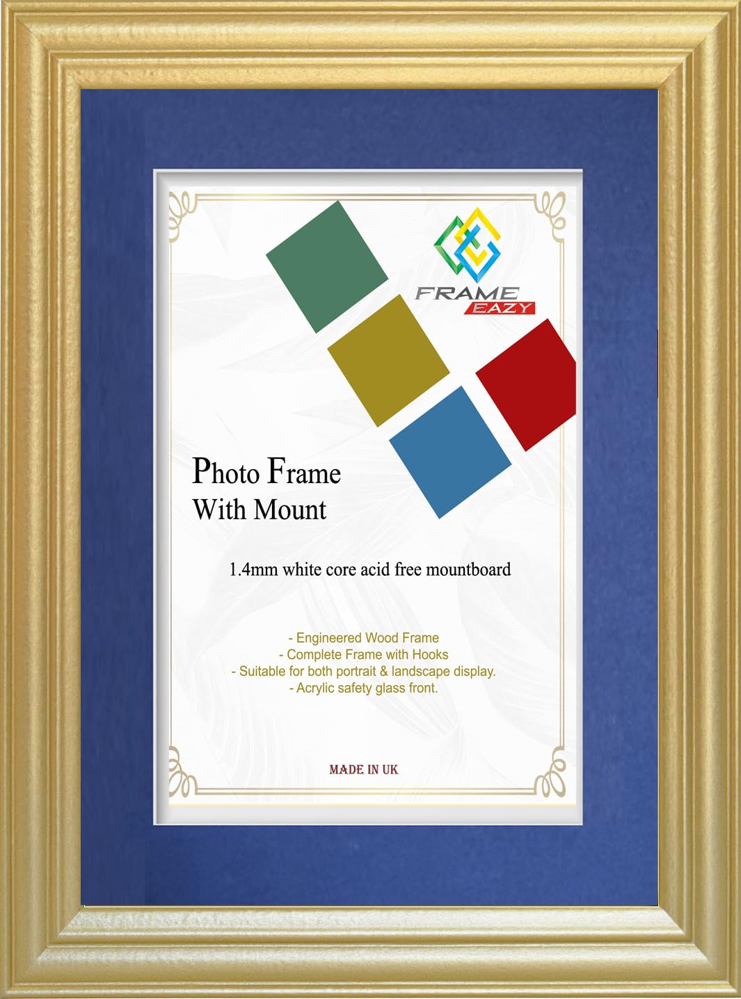 FRAME EAZY Gold 12x10 Photo Frame with 10x7 Blue Mount - Antique Style Picture Frame With Safe Perspex Front - Frame 12" x 10" For Picture Size 10" x 7"