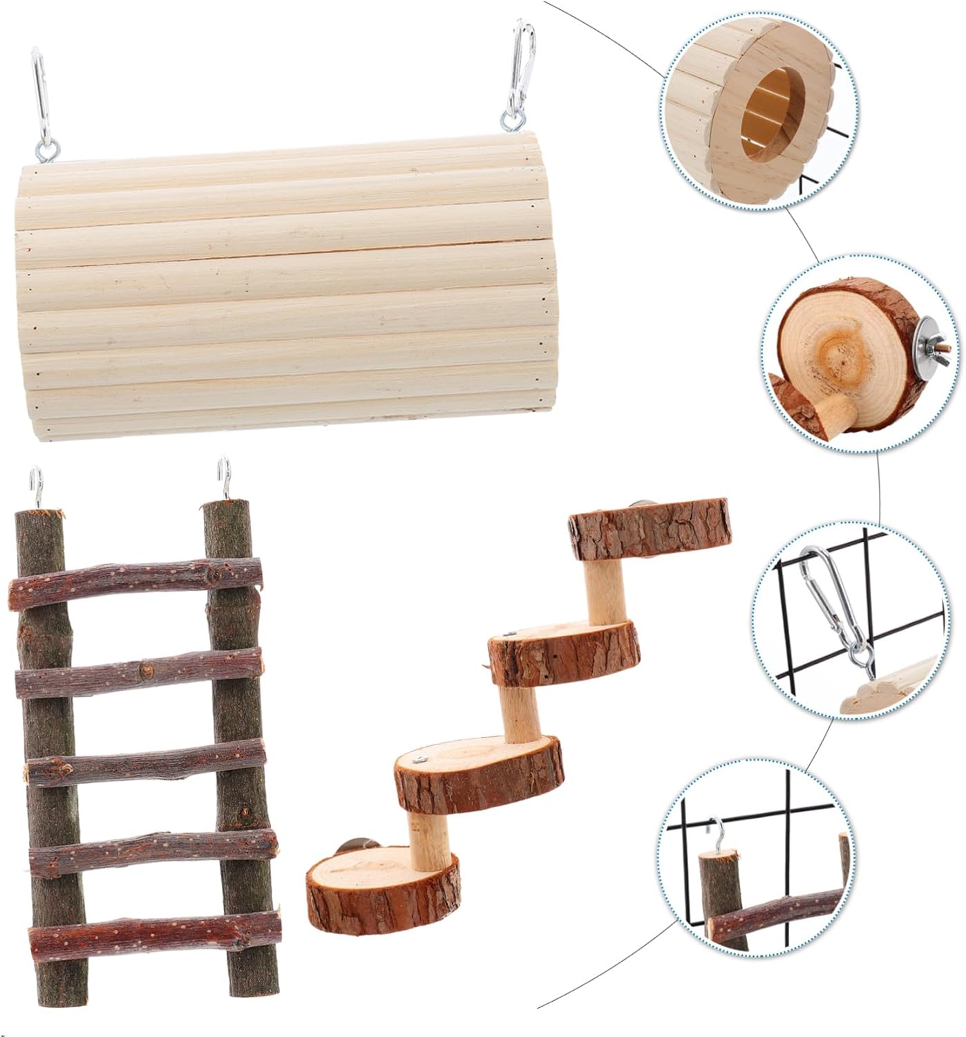 Generic 3PCS Hamster Hideout Set Wooden Tunnel Ladder Step for Hamsters Squirrels Chinchillas Guinea Pigs Cage Decoration Easy to Install Small Animal Playground