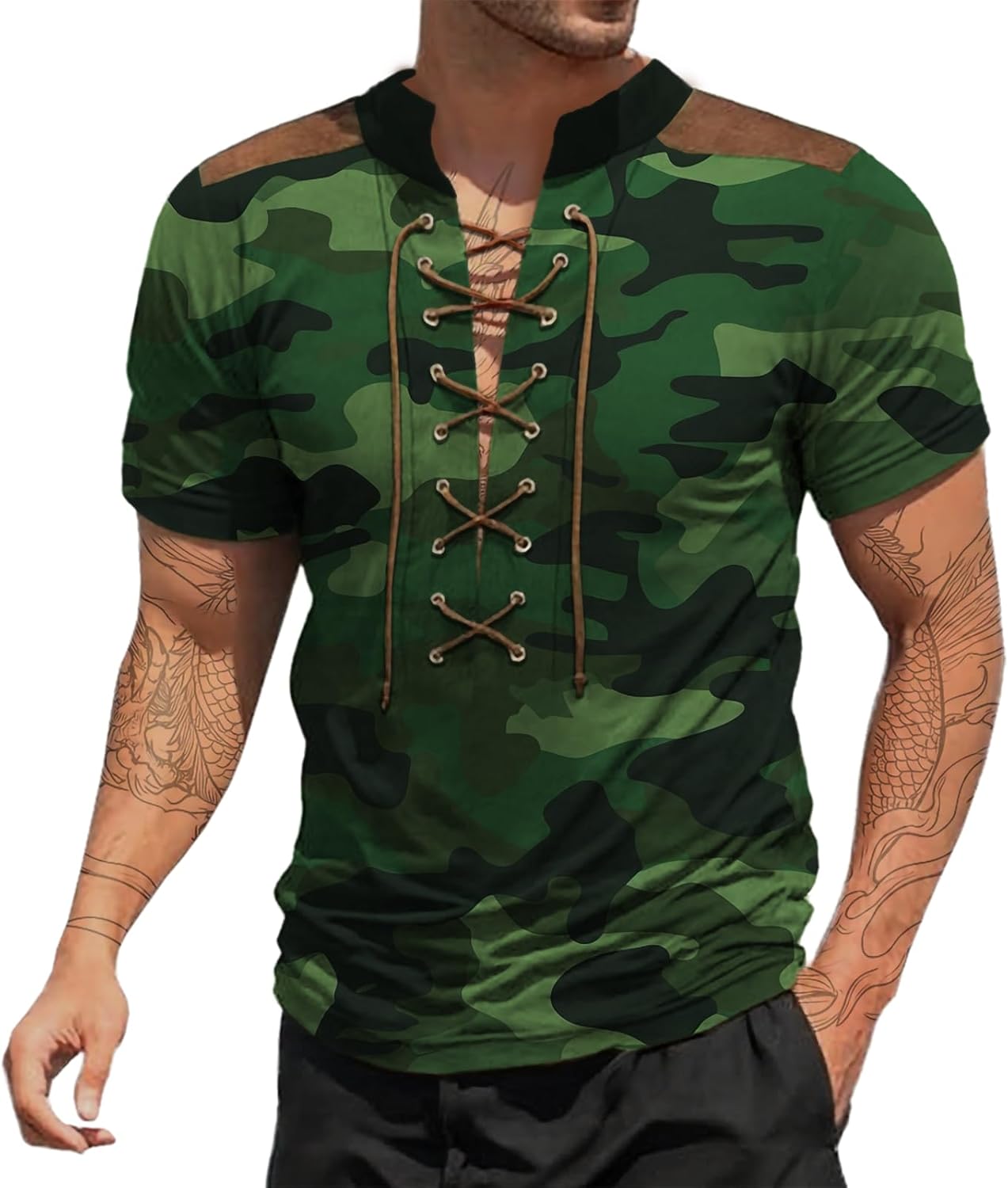 Mens T Shirts Vintage Drawstring Neckline Summer Tops Slimming Fit Lightweight Comfort Breathable Casual Tees