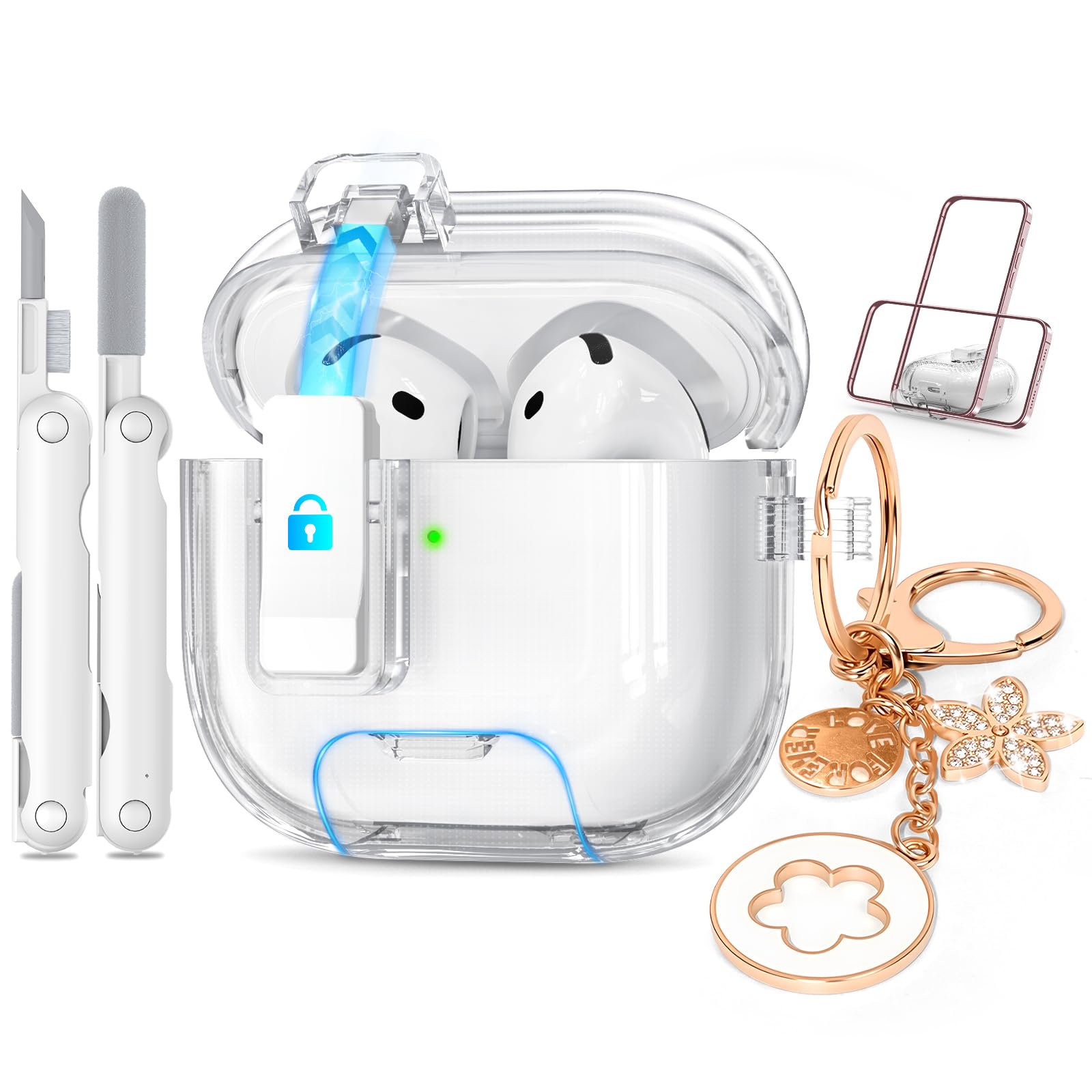 for Airpods 4 Case Clear with Lock&Bling Keychain for Women&Girly,Cute Soft TPU Clear Case Cove for Apple Airpods 4th Generation (2024) with Cleaning