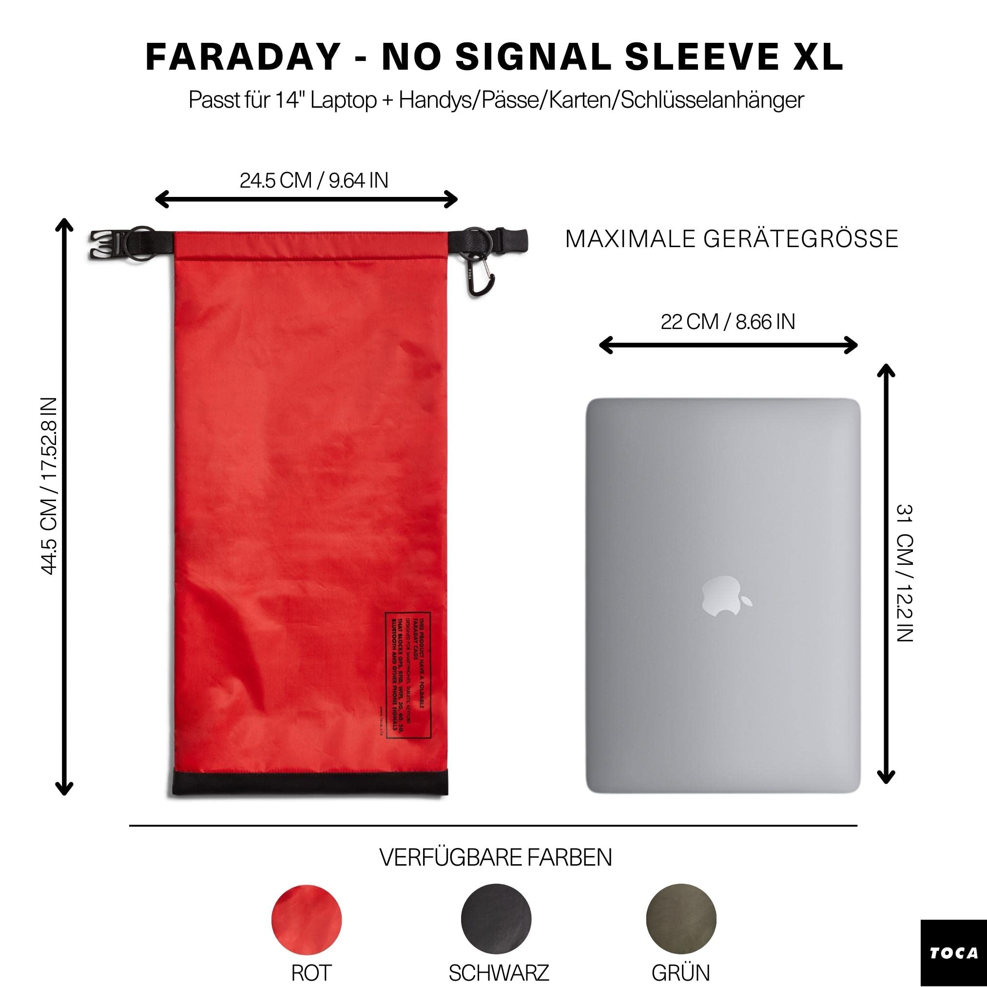 TOCA No Signal Sleeve Keyless Go Schutz Autoschlüssel Hülle, Faraday Bag und Tasche & RFID Blocker, Schutzhülle, Anti-Tracking Faradayscher Käfig fur Handy & Laptop Schutzhülle, EMP Schutz - 44x24cm