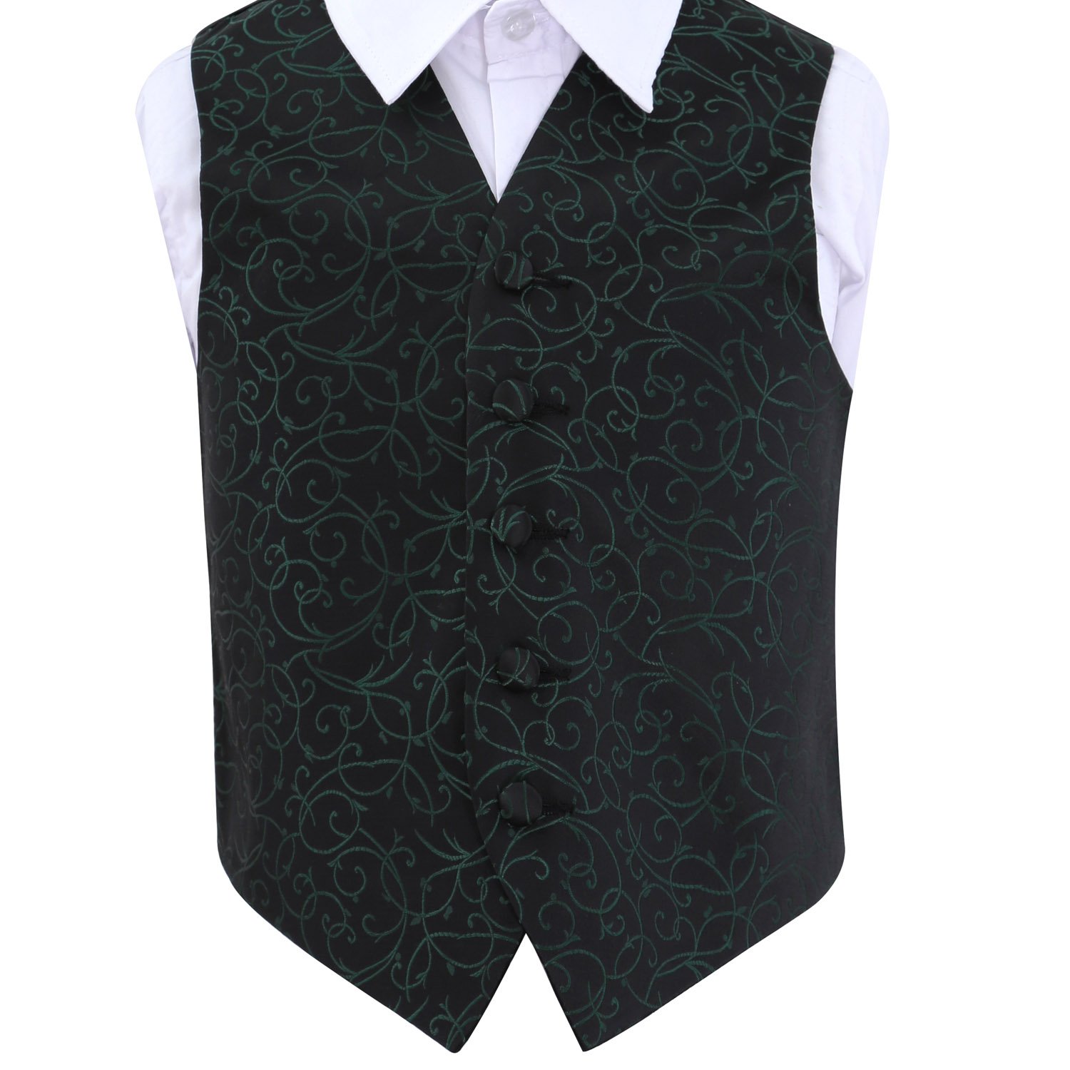 Dqt Boys Black And Green Swirl Floral Jacquard Wedding Waistcoat For Page And Formal Suit - 13-14 Years 34"