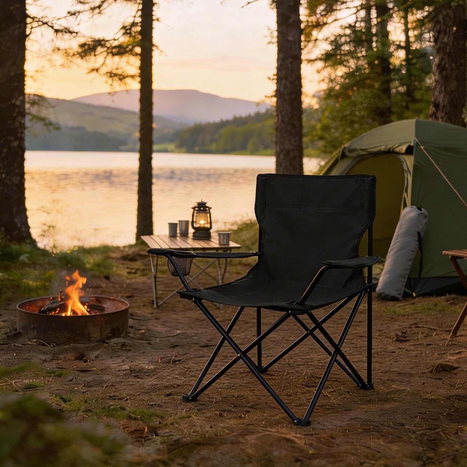 OHS Camping Chair Black, Folding Chairs Outdoor Lightweight Comfy Foldable Picnic Festival Garden Camping Chairs for Adults Hiking Fishing Sturdy Drinks Cup Holder — image 1