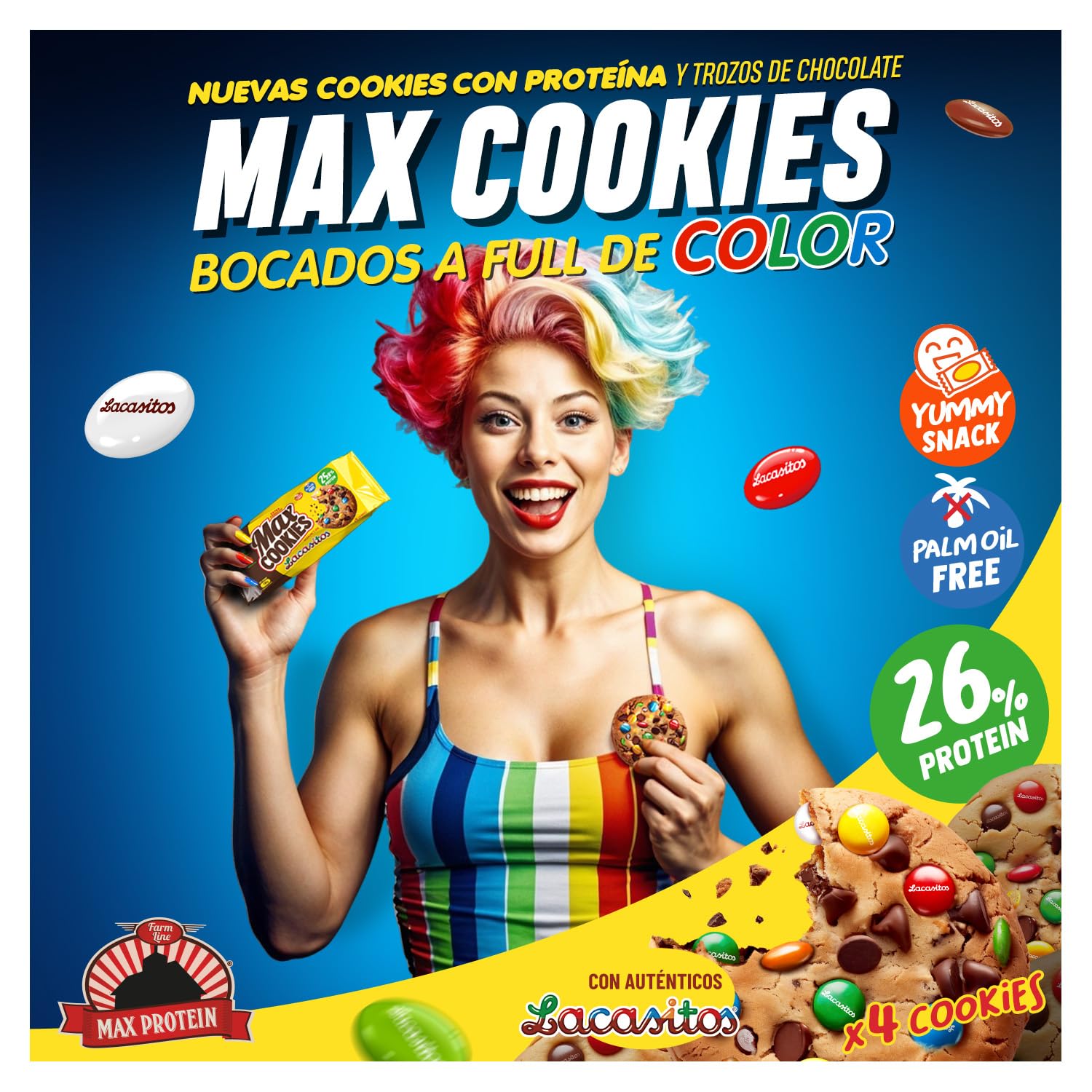 MAX PROTEIN - Max Cookies Lacasitos® - Galletas Proteina - Cookie Proteica con 26% de Proteína cada Galleta - Snack Saludable, Post Entrenamiento - Bajas en Azúcar, Sin Aceite de Palma. (Caja 12)