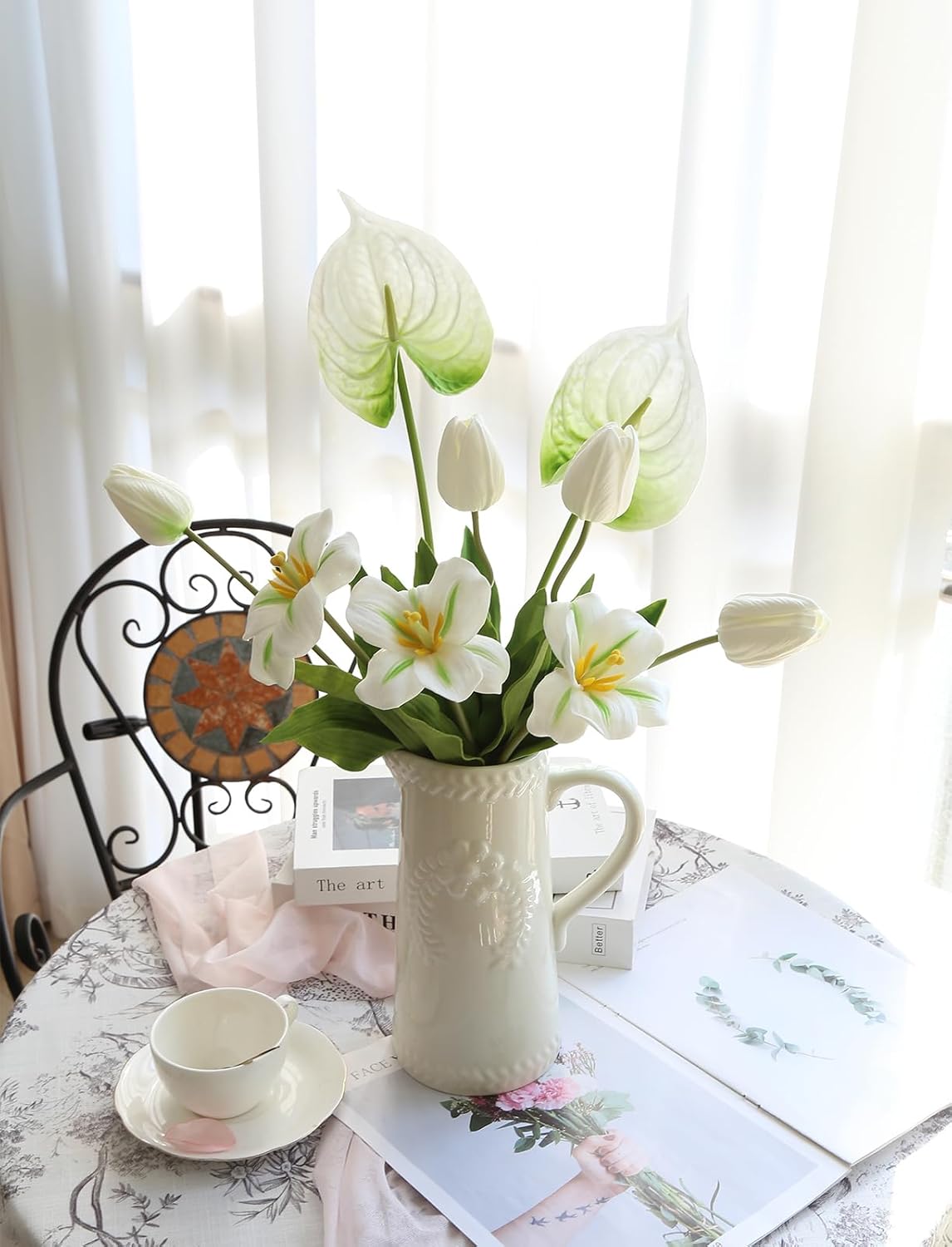 ホワイトフェイクチューリップフラワー PU リアルタッチ フェイクフラワーブーケ アンスリウム 造花 ウェディング フラワーアレンジ