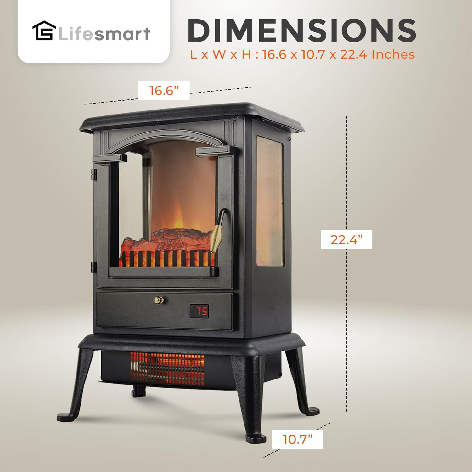 Diagram showing the dimensions of the LifeSmart LifePro Electric Stove Space Heater