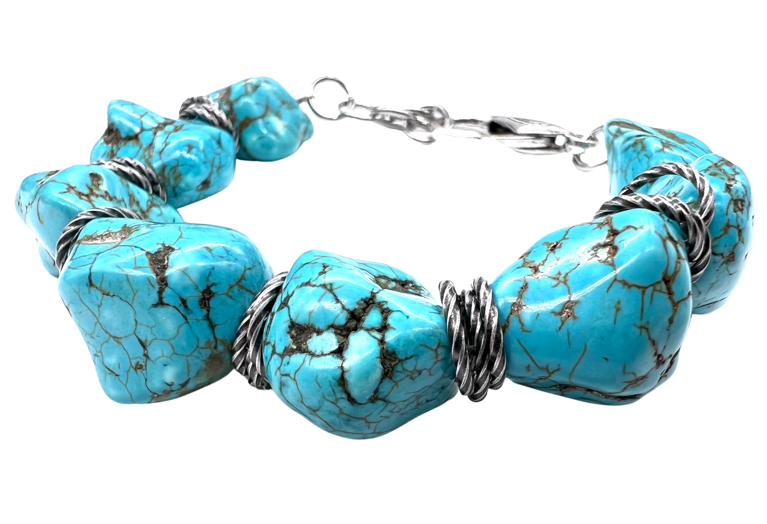 Simple Western Chunky Turquoise Colored Howlite Nugget Beaded Bracelet Silver Findings