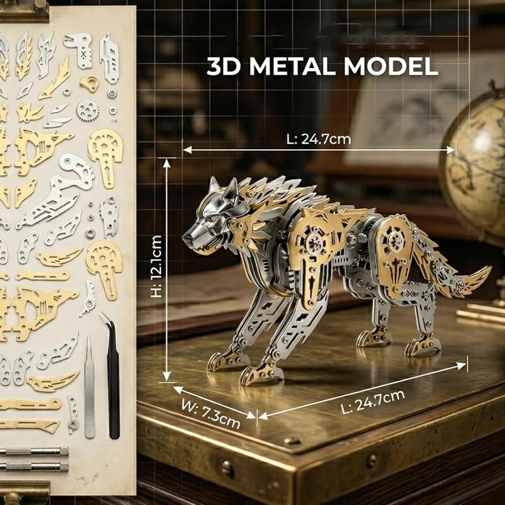 Generisch 3D-Metallpuzzle für Erwachsene, mechanisches Wolfspuzzle-Bauset, 3D-Metallmodell-Bausatz, Gehirnjogging-Puzzle zum Selberbauen, Geschenk für Männer