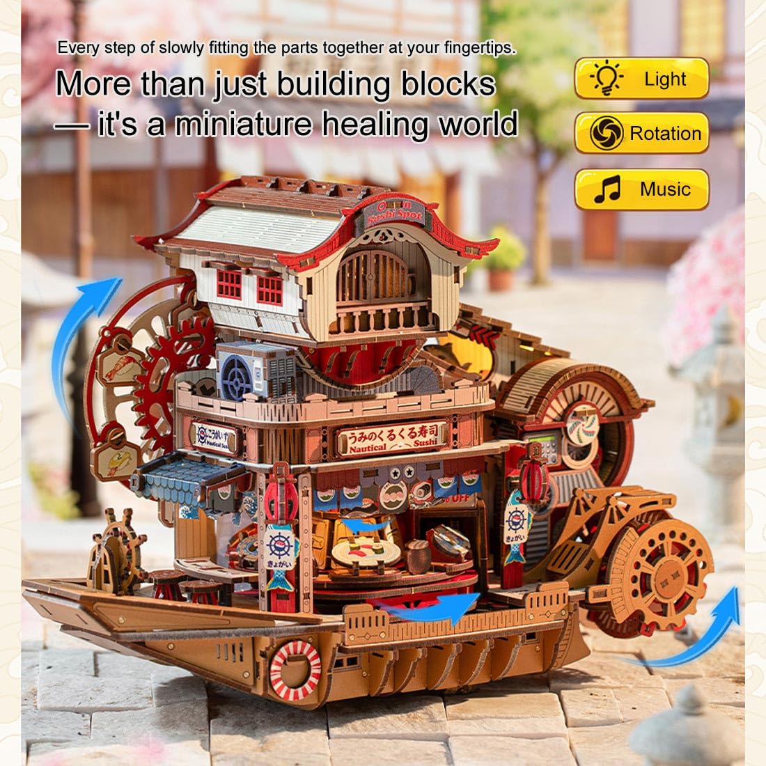 Kit fai da te, modello di barca per sushi, puzzle 3D in legno giapponese con luci e rotazione, display creativo per sushi per scrivania (425 pezzi)