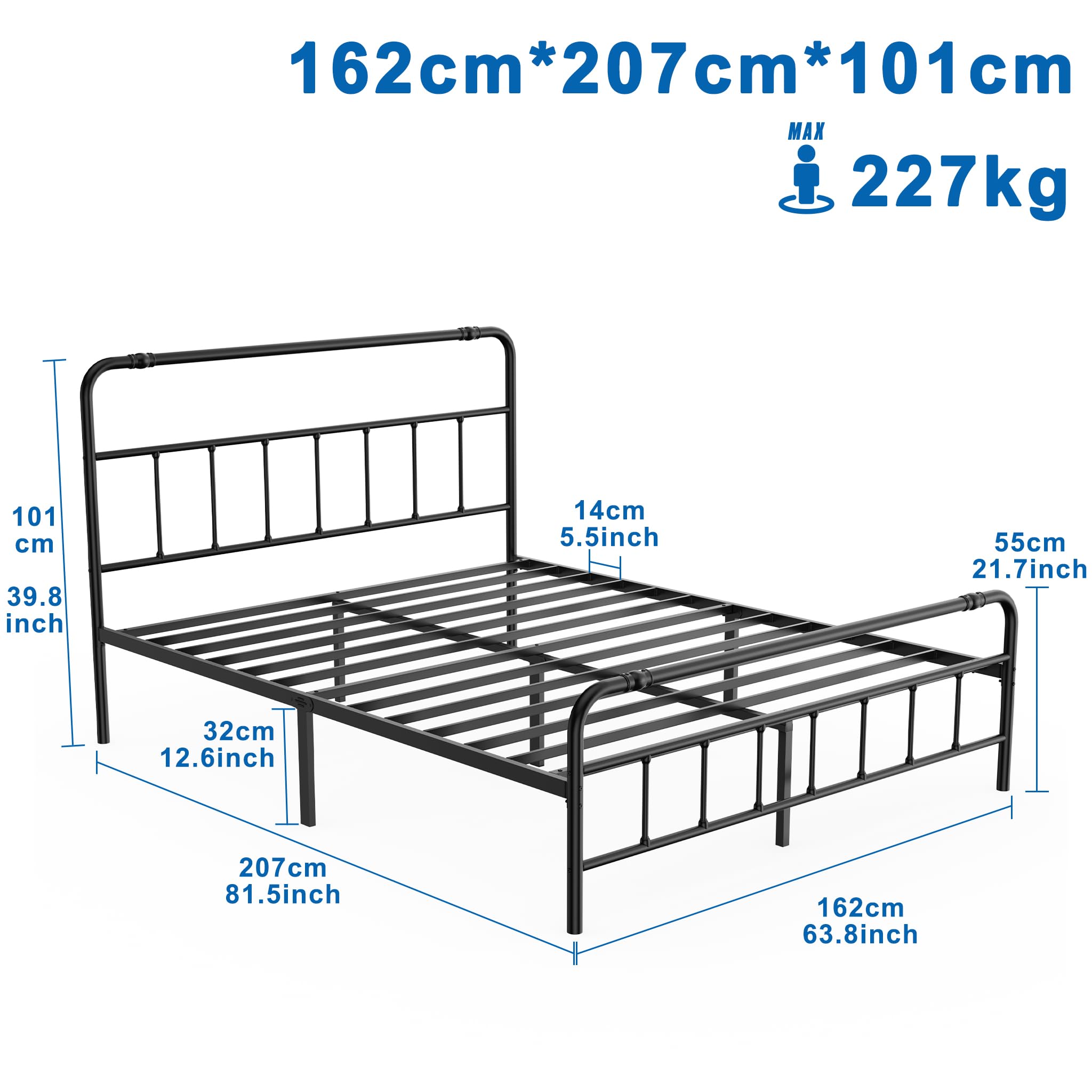 NAIZY Estructura de cama de 160 x 200 cm, con respaldo de metal, marco de cama con somier, cama de metal de 42 cm de altura, para dormitorio y habitación de invitados
