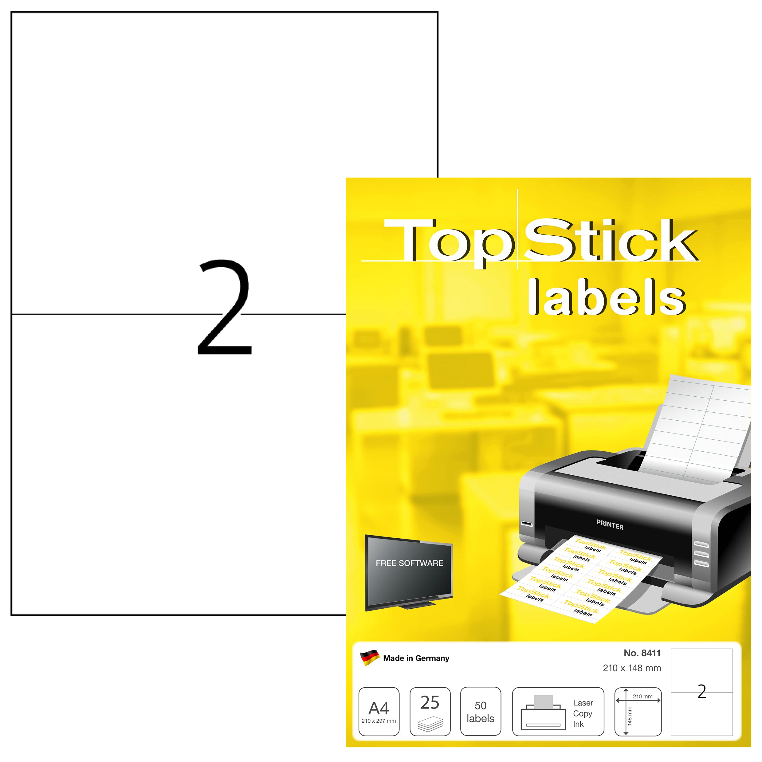 TopStick A4 Self Adhesive Address Labels, 2 Labels Per Sheet, 25 Sheets, 50 Labels, 210 x 148 mm, Blank Printer Labels For Laser & Inkjet, Printable Sticky Paper Labels for Office & Home