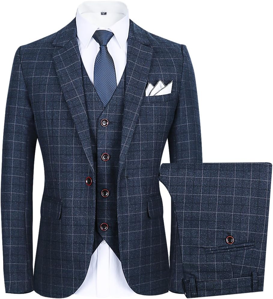 Men’s Slim Plaid Modern Fit One Button 3-Piece Suit Blazer Dress Suit Jacket Tux Vest & Trousers