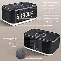 Vista 8 de Reloj despertador con altavoz, cargador inalámbrico, relojes despertadores digitales para dormitorios con Bluetooth, reloj despertador con luz Negro