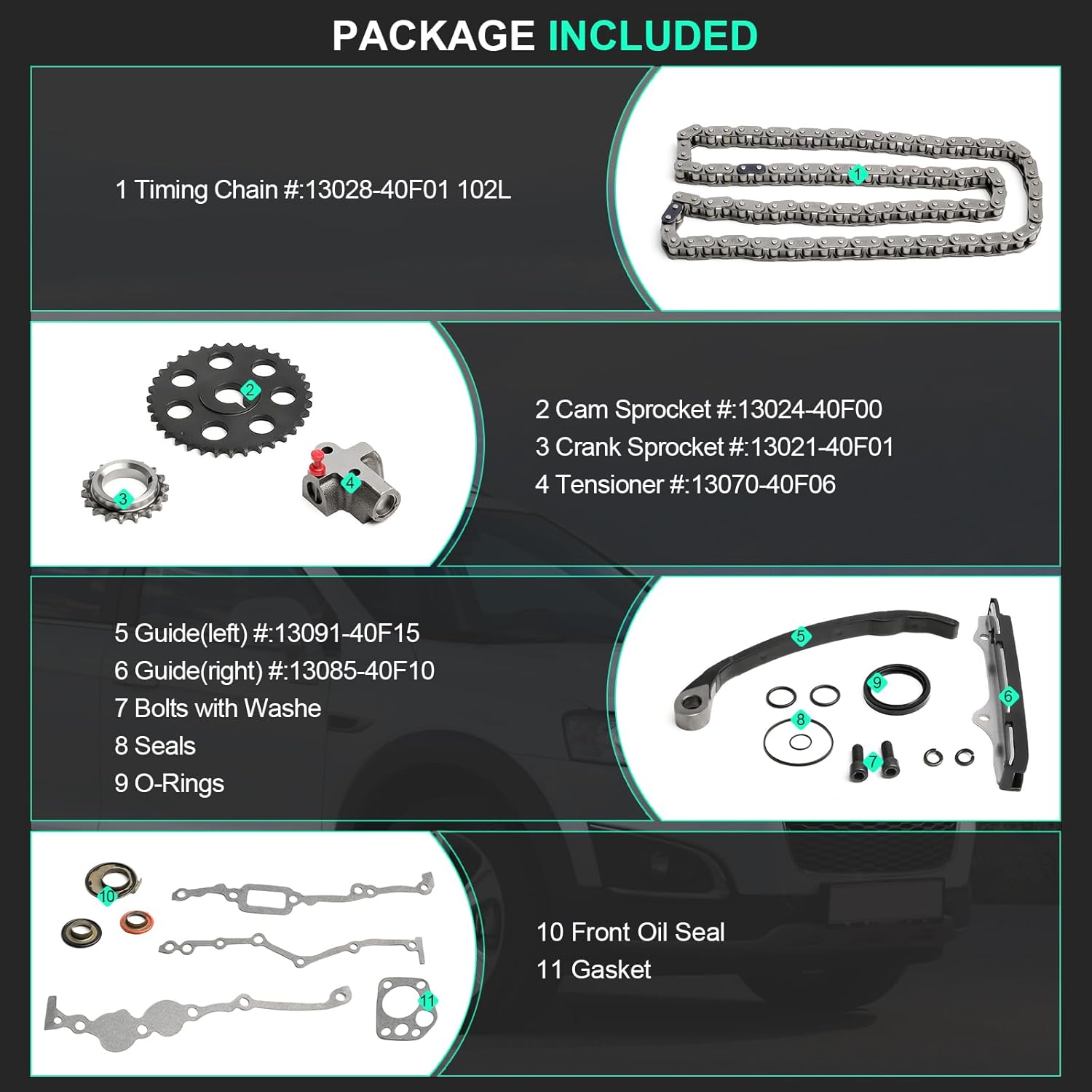Timing Chain Kit With Gaskets and Oil Seal For 1989-1990 For Nissan 240SX,1990 For Nissan Axxess,1990-1994 For Nissan D21,1995-1997 For Nissan Pickup,1990-1992 For Nissan Stanza KA24E 2.4L L4 SOHC