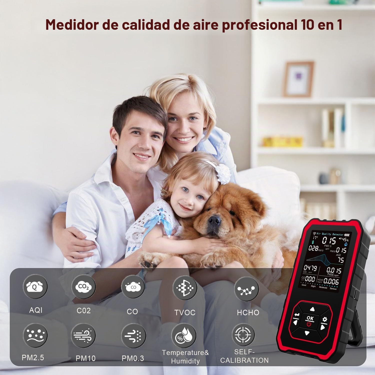 Detector de Calidad de Aire 10 en 1 para Interiores, Monitor Multifunción con Detección de PM2.5/PM10/CO2/HCHO/TVOC/AQI, Sensor de Temperatura y Humedad, Ideal para Hogar, Oficina, Viajes y Grow Tent