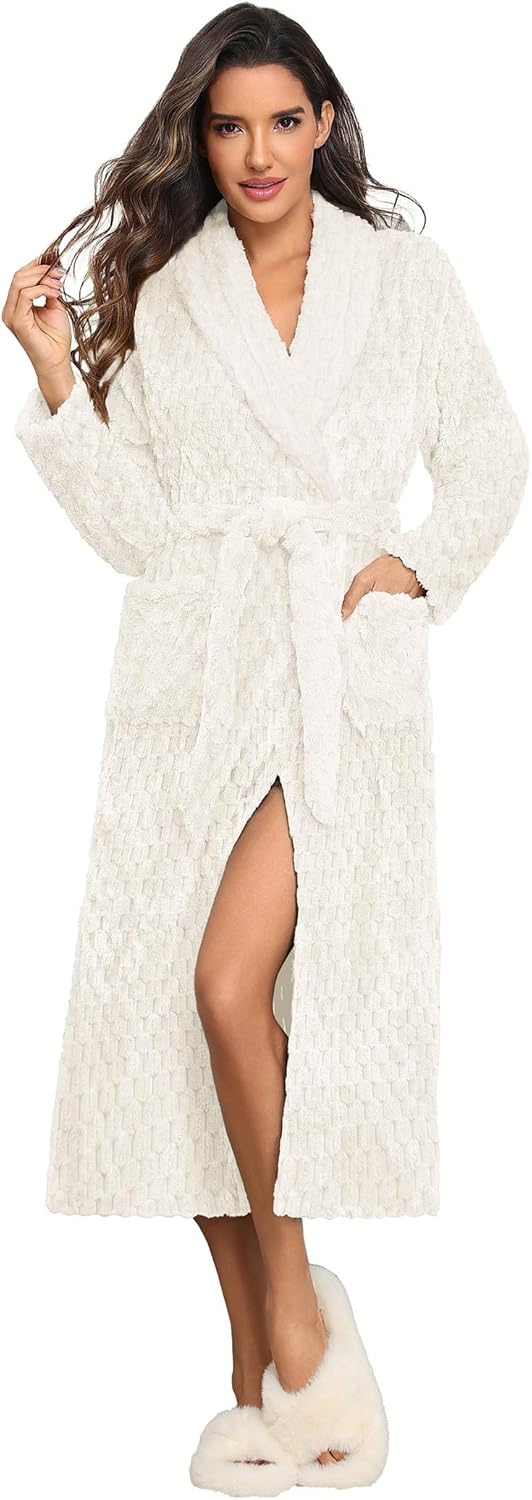 Ekouaer Women's Robe Long Plush Soft Bathrobe Jacquard Color Block Robes Shawl Collar Sleepwear with Pockets S-XXL