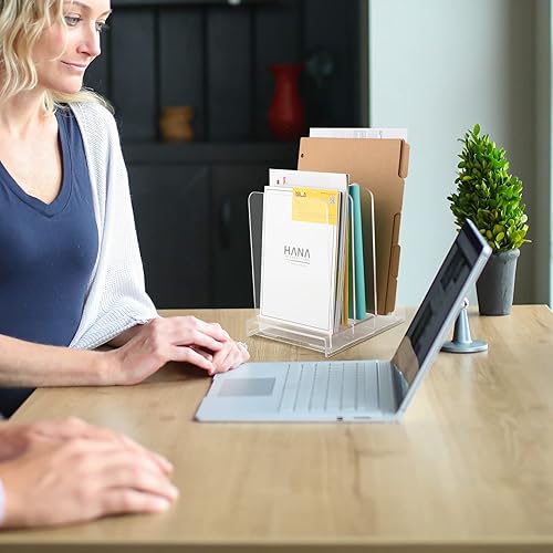 Miniatura 6 de Organizador de escritorio acrílico y organizador de archivos, organizador de archivos de escritorio de 3 ranuras, estante de pie en la mesa para