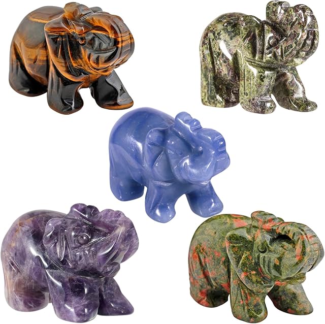 mookaitedecor Set of 5 Natural Healing Crystal Elephant Ornament Figurine, Small Healing Carved Crystal Stone Animal Gift Good Luck Elephant Statue Sculpture Home Bedroom Cute Desk Decor, 1.5 Inches