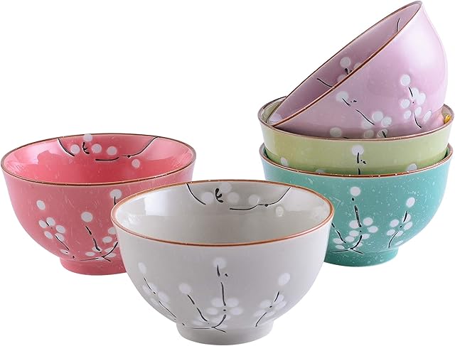 Panbado Porcelain 5-piece 4.5" Rice Bowls,5 Bright Colors Japanese Soup Bowl,Ice Cream Bowls, 350ml,Ø 11 x H 7 cm