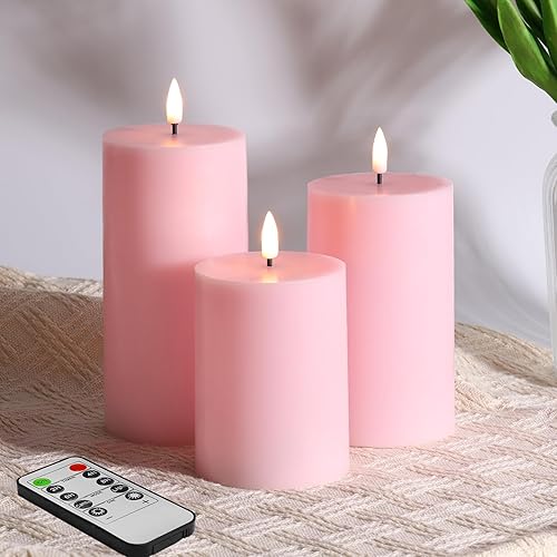 Girimax Velas de pilar sin llama rosa con control remoto, velas LED parpadeantes de cera real para decoración de boda  3 pulgadas de alto, 4