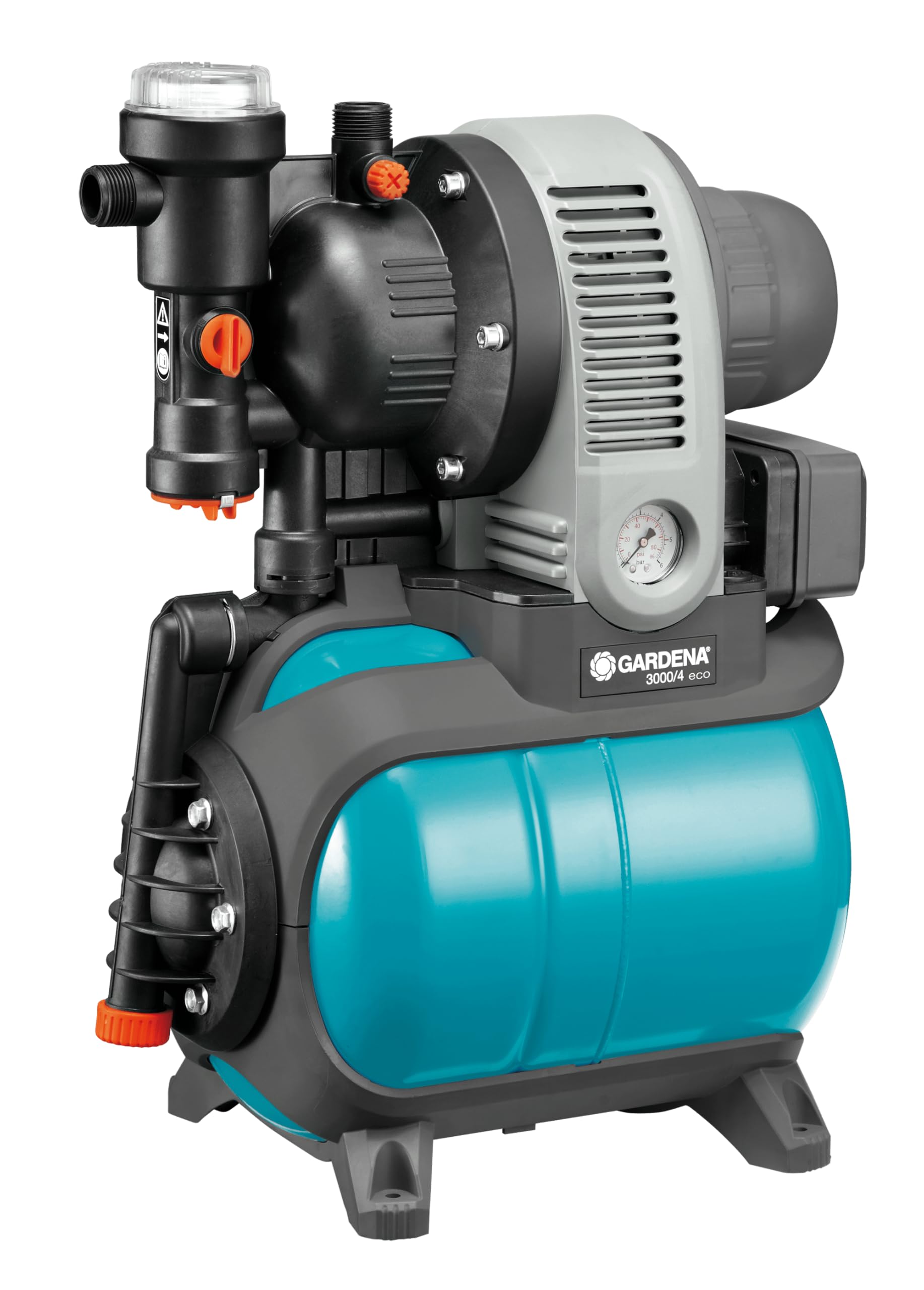 Gardena zestaw hydroforowy Classic 3000/4 eco: pompa z ochronnym wyłącznikiem termicznym, zaworem zwrotnym, automatycznym startem/stopem, moc 650 W i maks. wydajność 2800 l/h (1753-20)