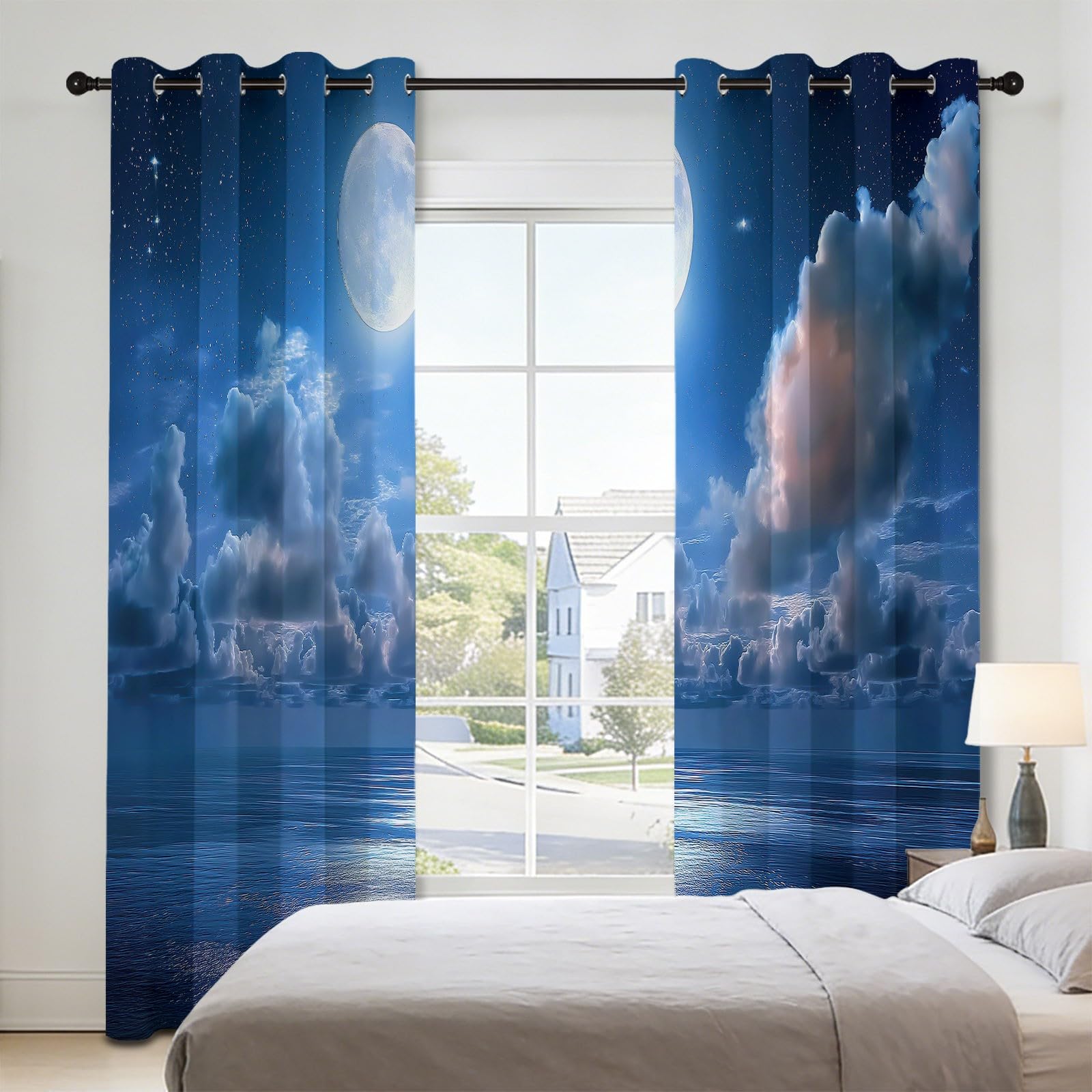 Cortina opaca para dormitorio, cortinas opacas con ojales, misteriosas cortinas de mar, luna, cielo estrellado, para salón, habitación infantil, puerta de balcón, protección UV, cortina térmica, 245 x
