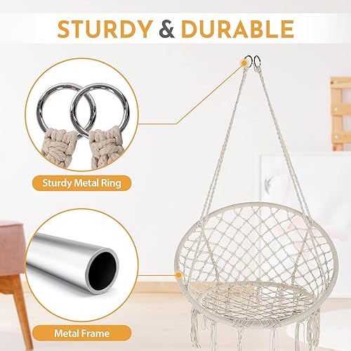 Miniatura 5 de Garpans Juego de 2 sillas tipo hamaca de macramé estilo bohemio con borlas, columpio colgante hecho a mano, cuerda de algodón tejida a mano para