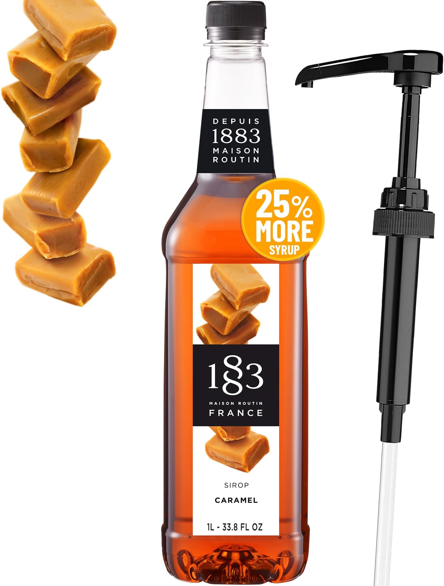 1883 Caramel Syrup with Pump for Hot & Cold Drinks - 1 Liter 33.8 Ounces